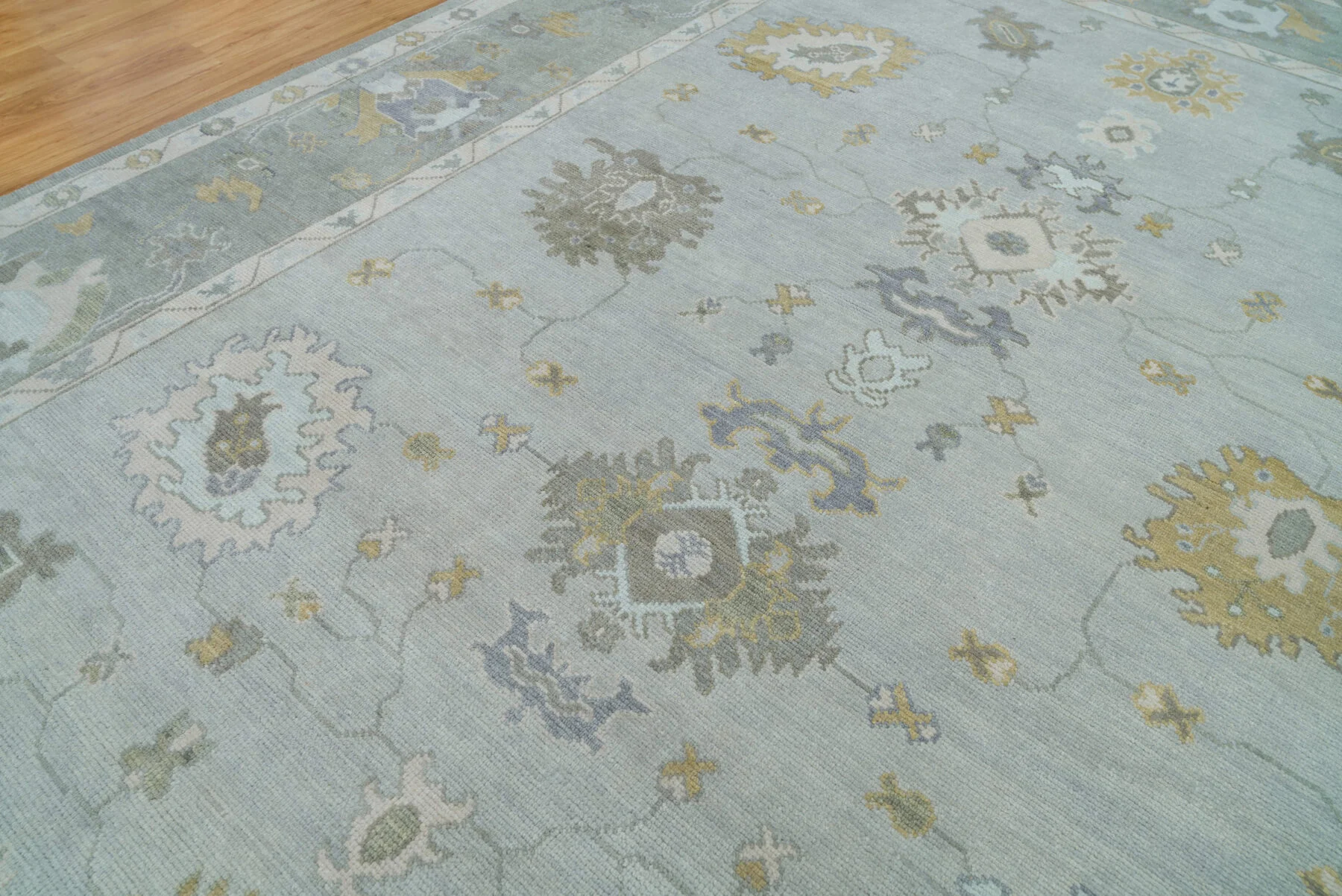 Sage & Grey Hand-Knotted Floral Rug – Palmette & Rosette
