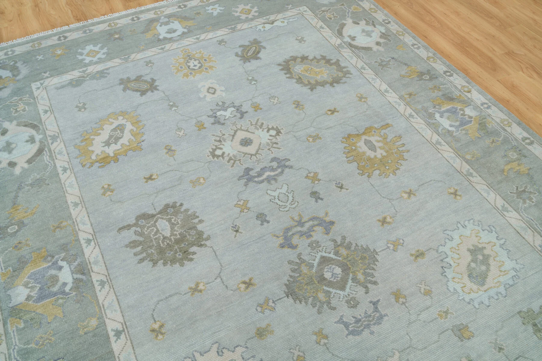 Sage & Grey Hand-Knotted Floral Rug – Palmette & Rosette