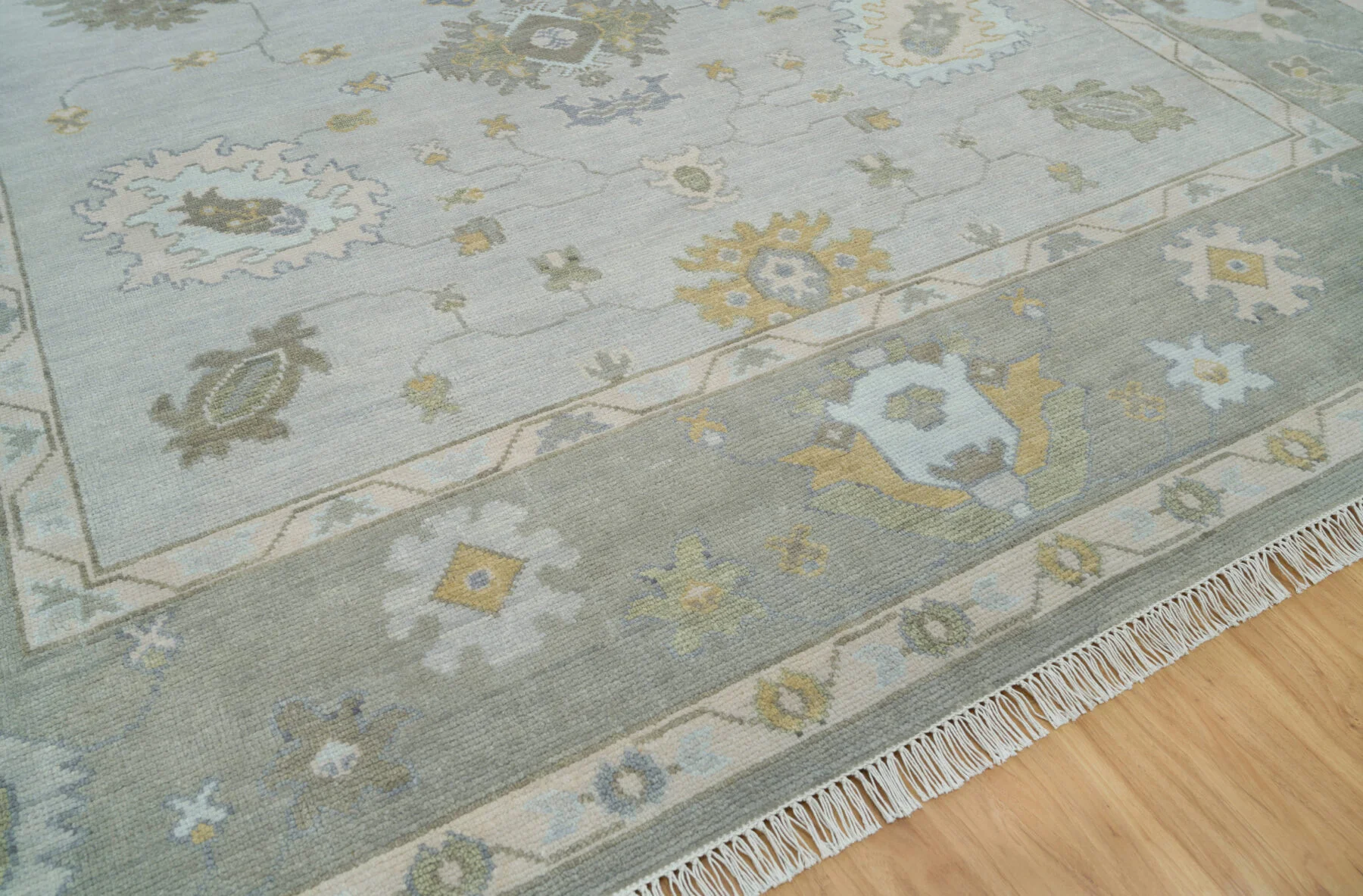 Sage & Grey Hand-Knotted Floral Rug – Palmette & Rosette