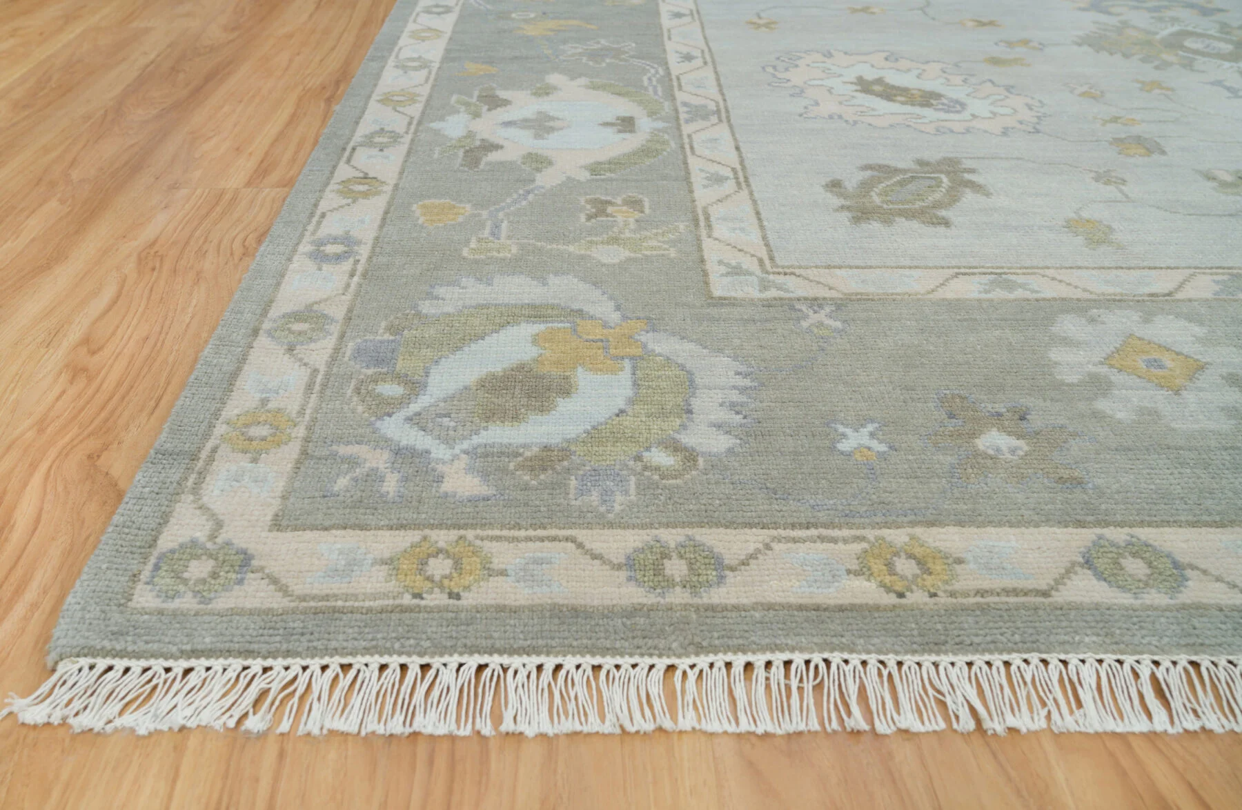 Sage & Grey Hand-Knotted Floral Rug – Palmette & Rosette