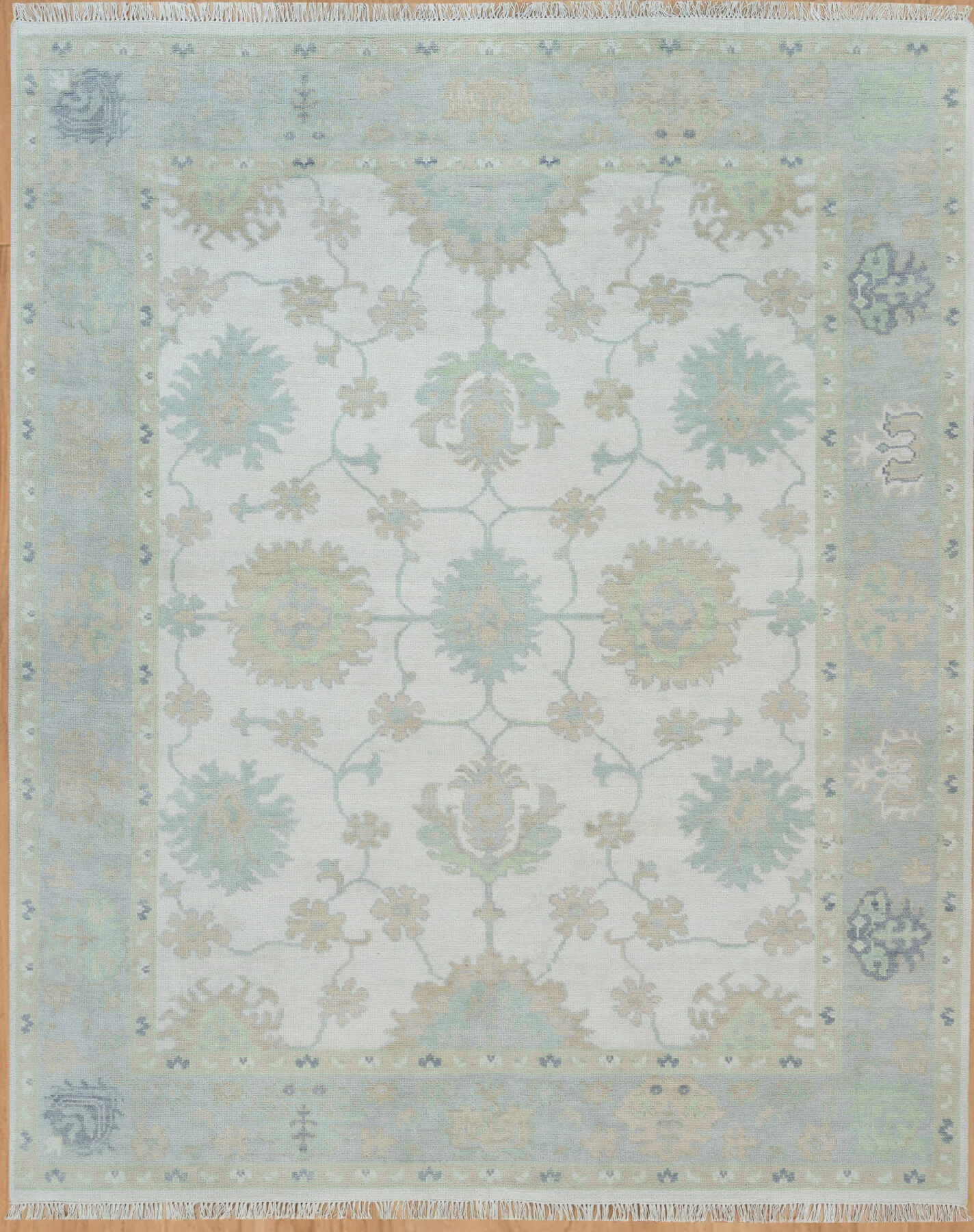 Ivory & Teal Hand-Knotted Floral Rug – Palmette & Rosette (3725)