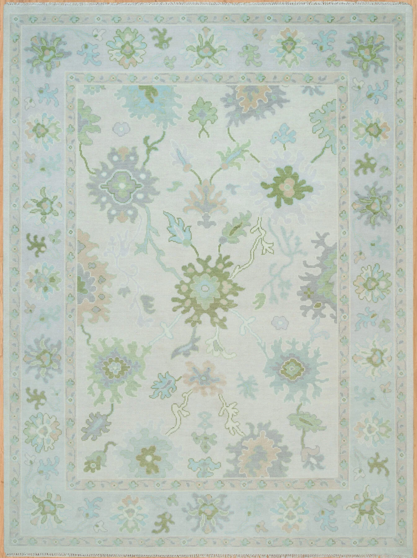 Ivory & Blue Hand-Knotted Floral Rug – Palmette & Rosette (3726)