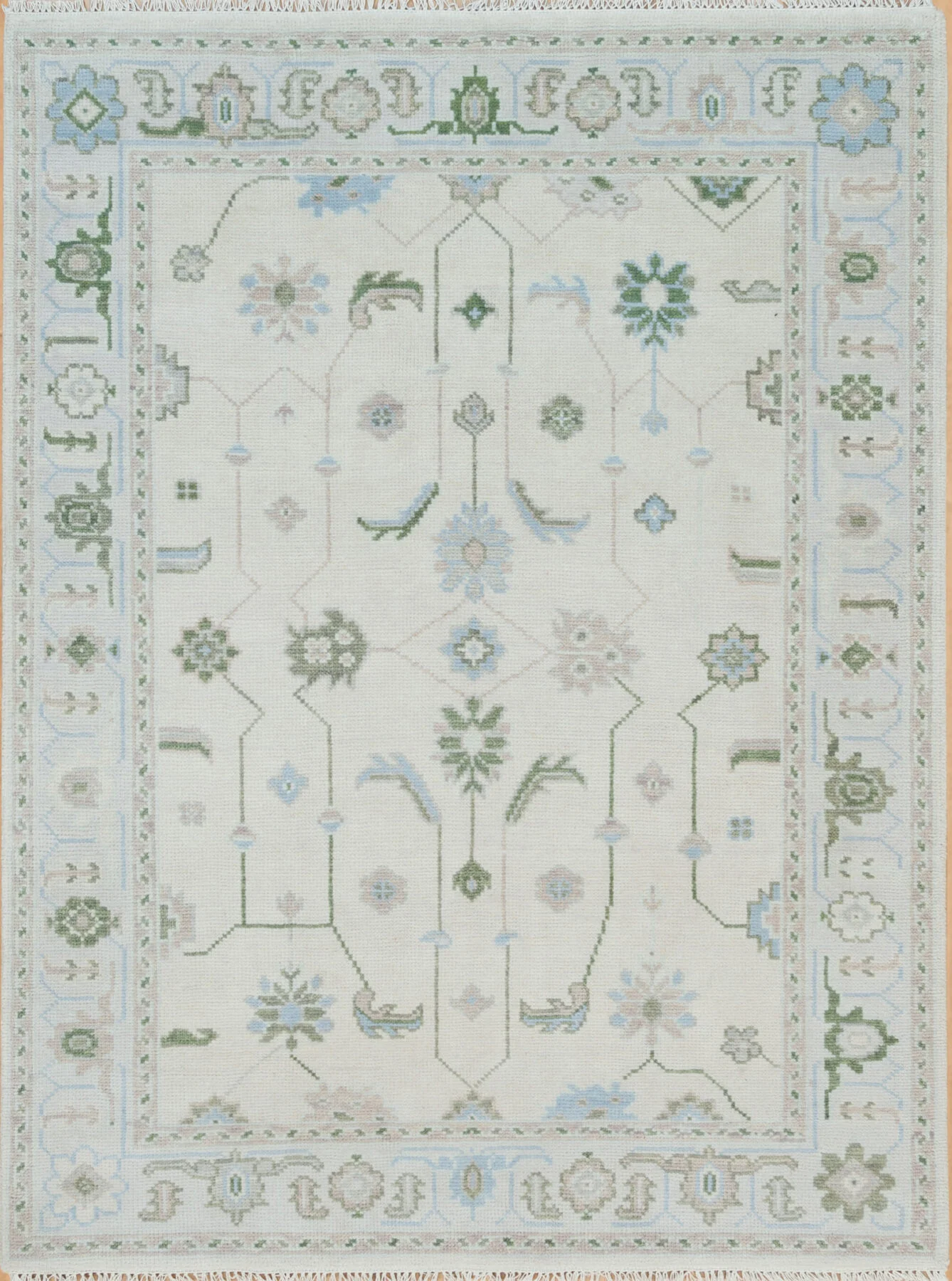 Ivory & Blue Hand-Knotted Floral Rug – Palmette & Rosette (3727)