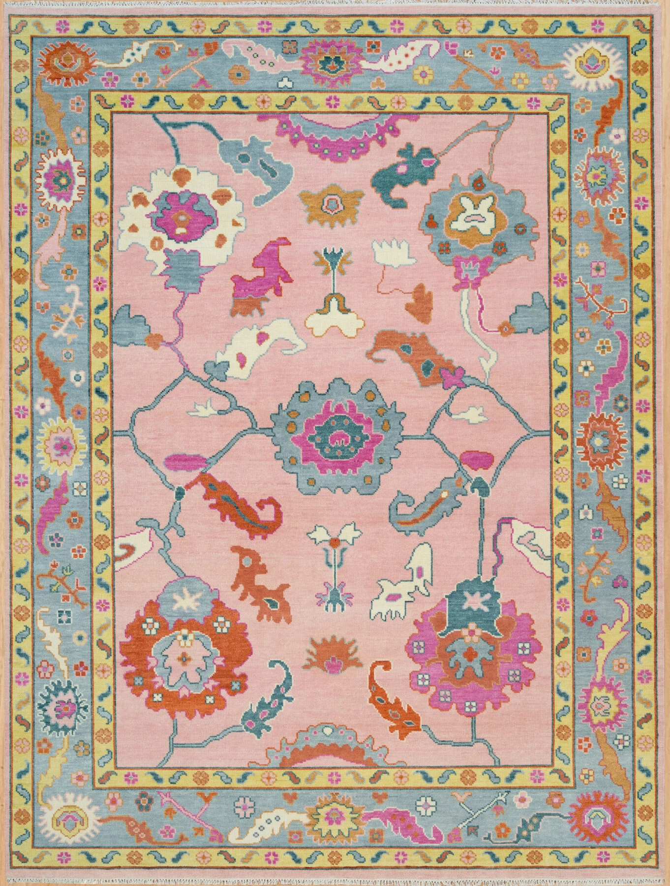 Blush Hand-Knotted Floral Rug – Palmette & Rosette