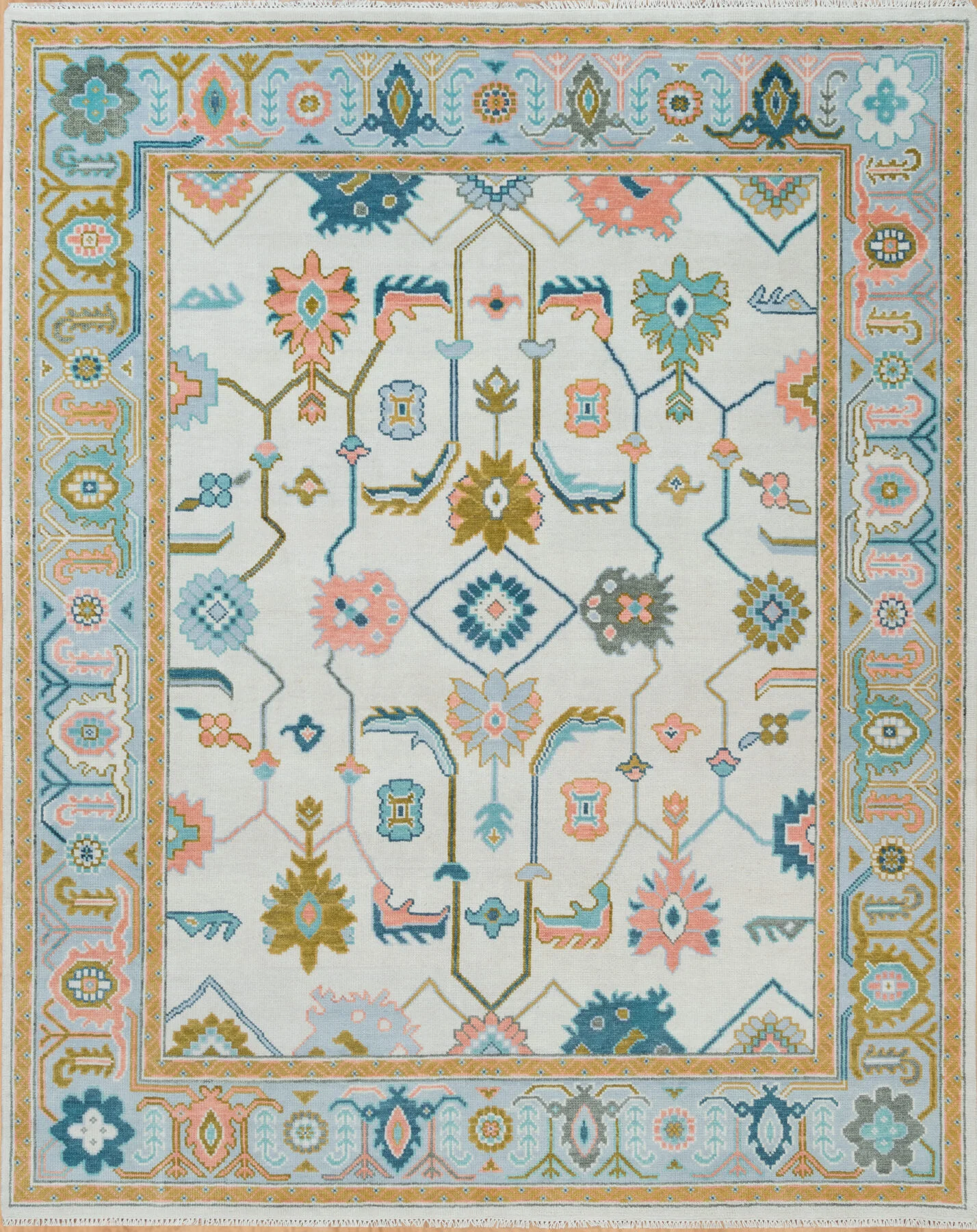 Ivory & Peach Hand-Knotted Floral Rug – Palmette & Rosette