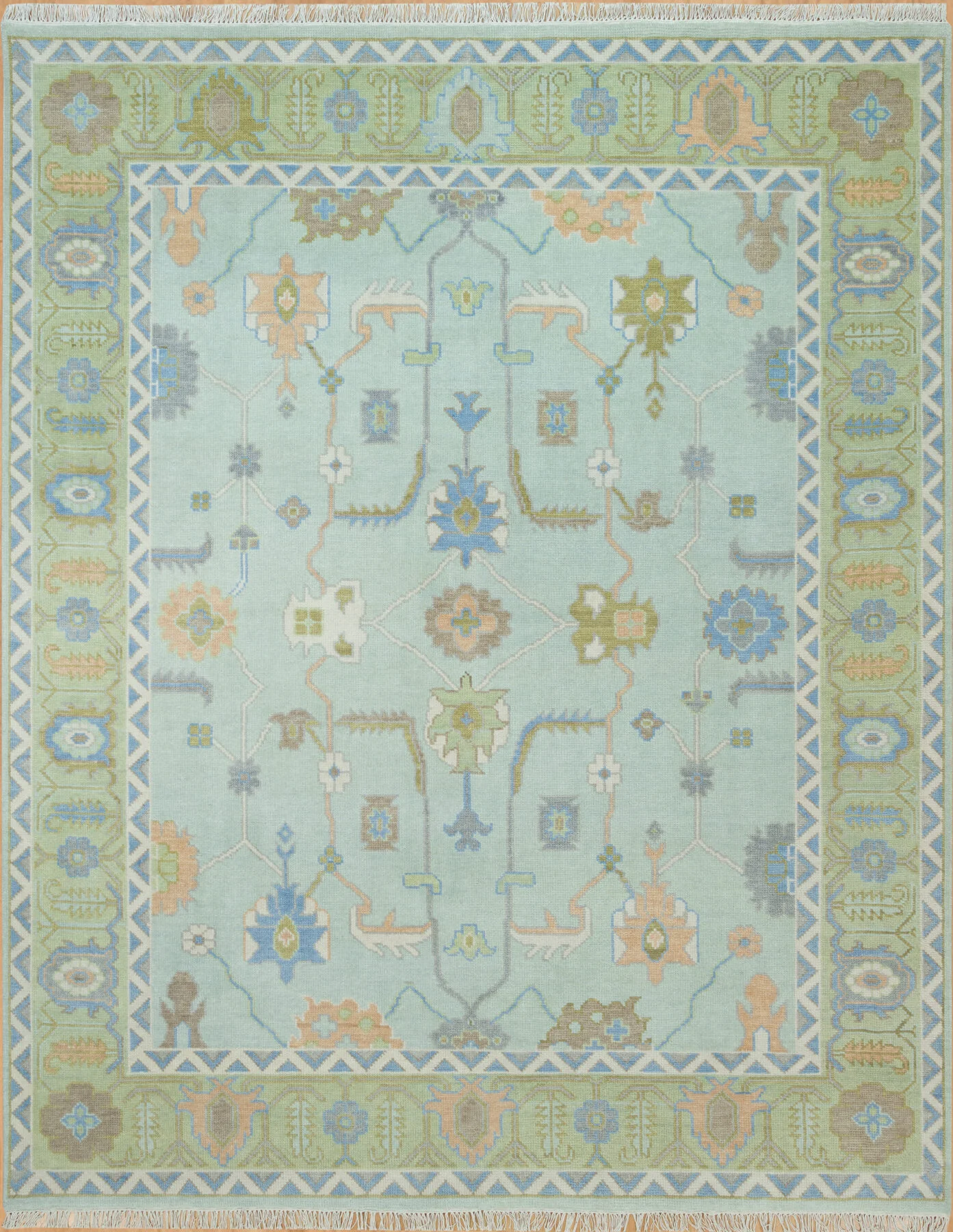Sage & Blue Hand-Knotted Floral Rug – Palmette & Rosette (3730)