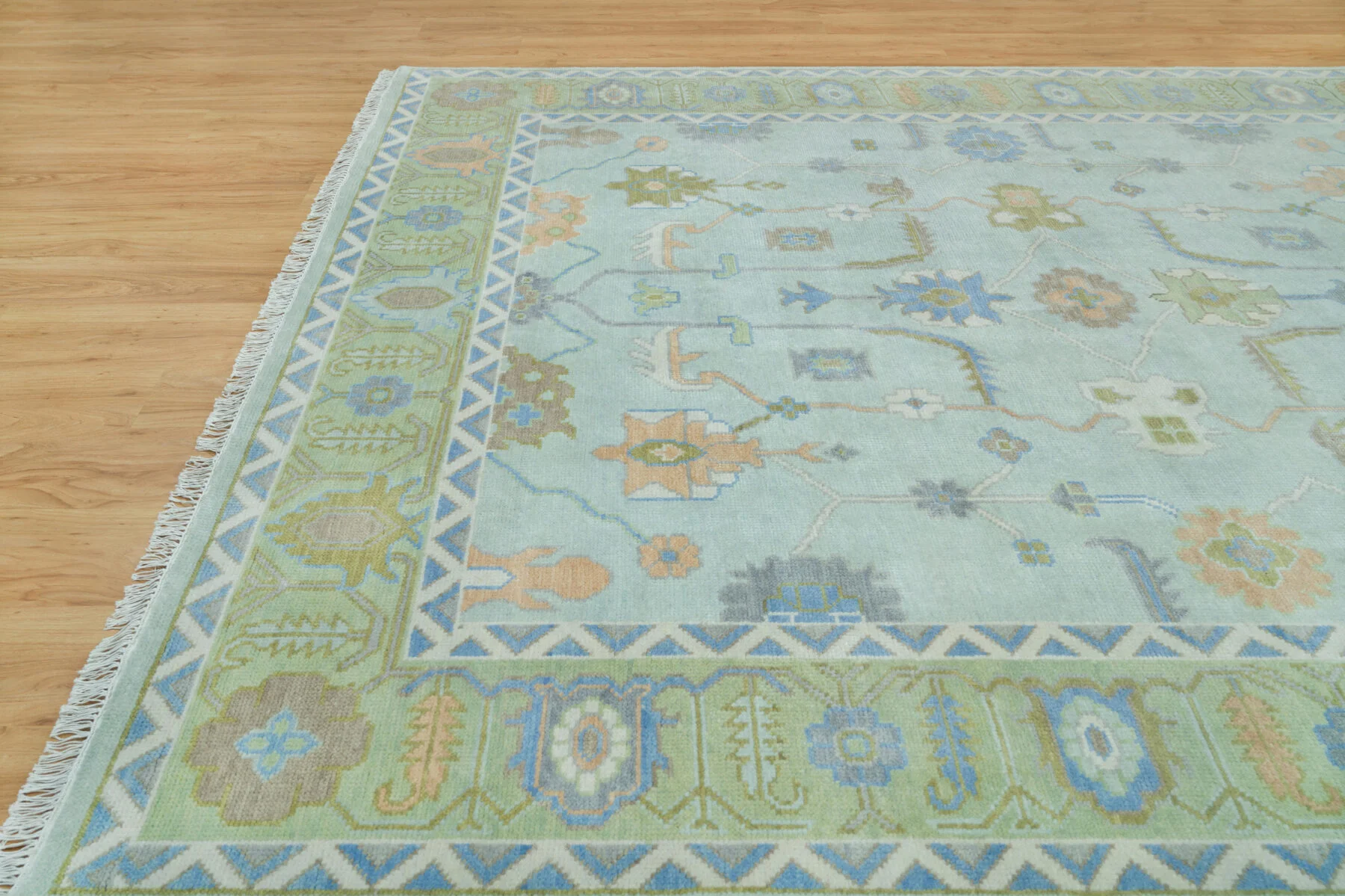Sage & Blue Hand-Knotted Floral Rug – Palmette & Rosette (3730)