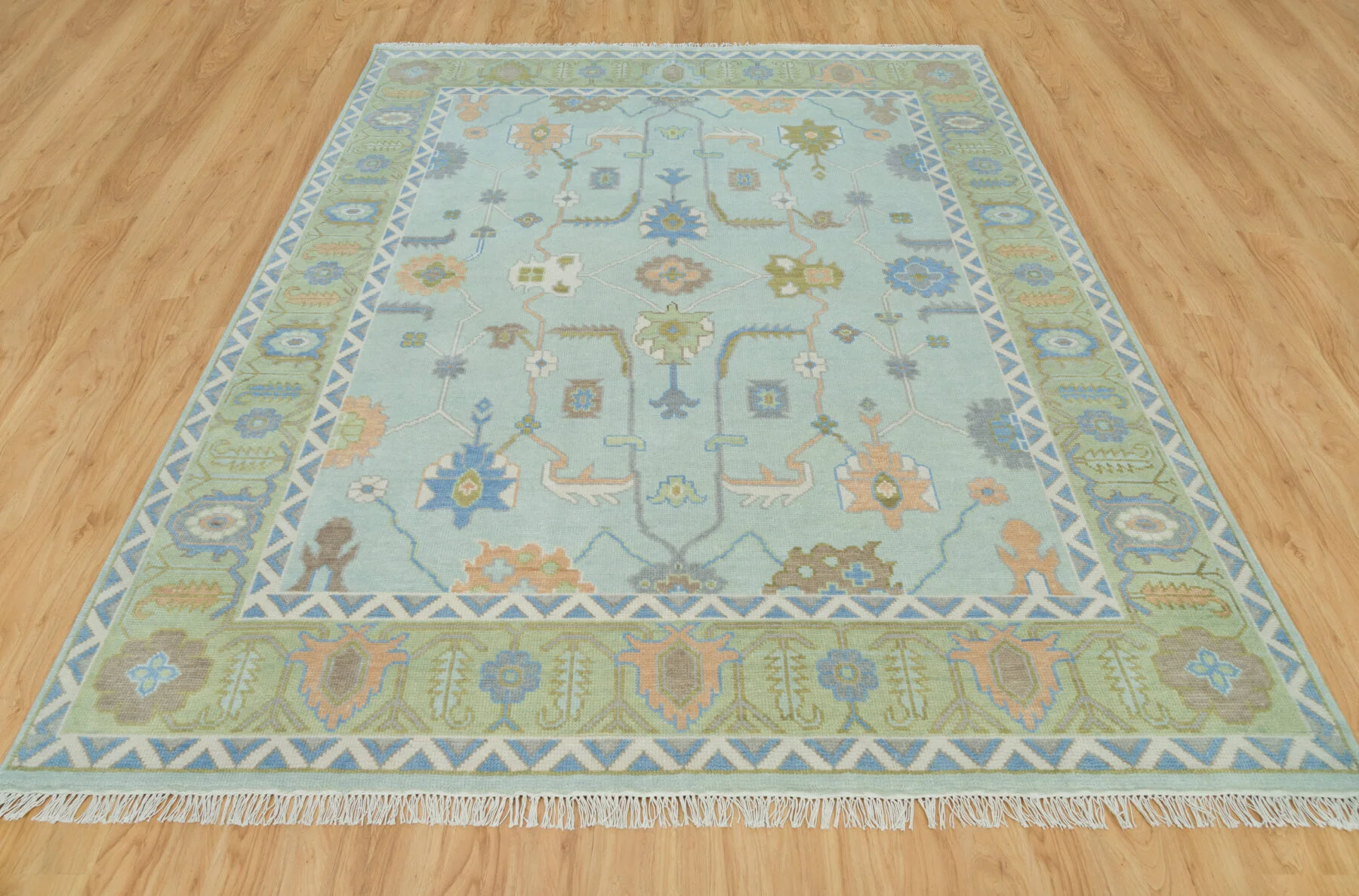 Sage & Blue Hand-Knotted Floral Rug – Palmette & Rosette (3730)