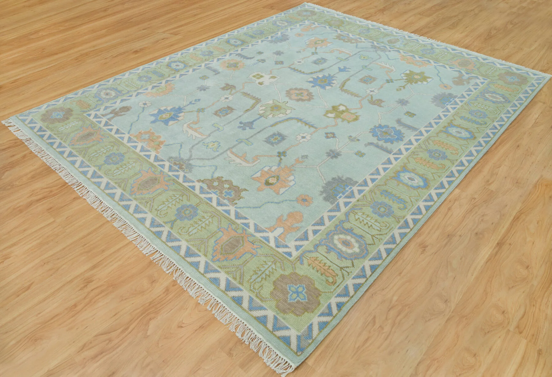 Sage & Blue Hand-Knotted Floral Rug – Palmette & Rosette (3730)