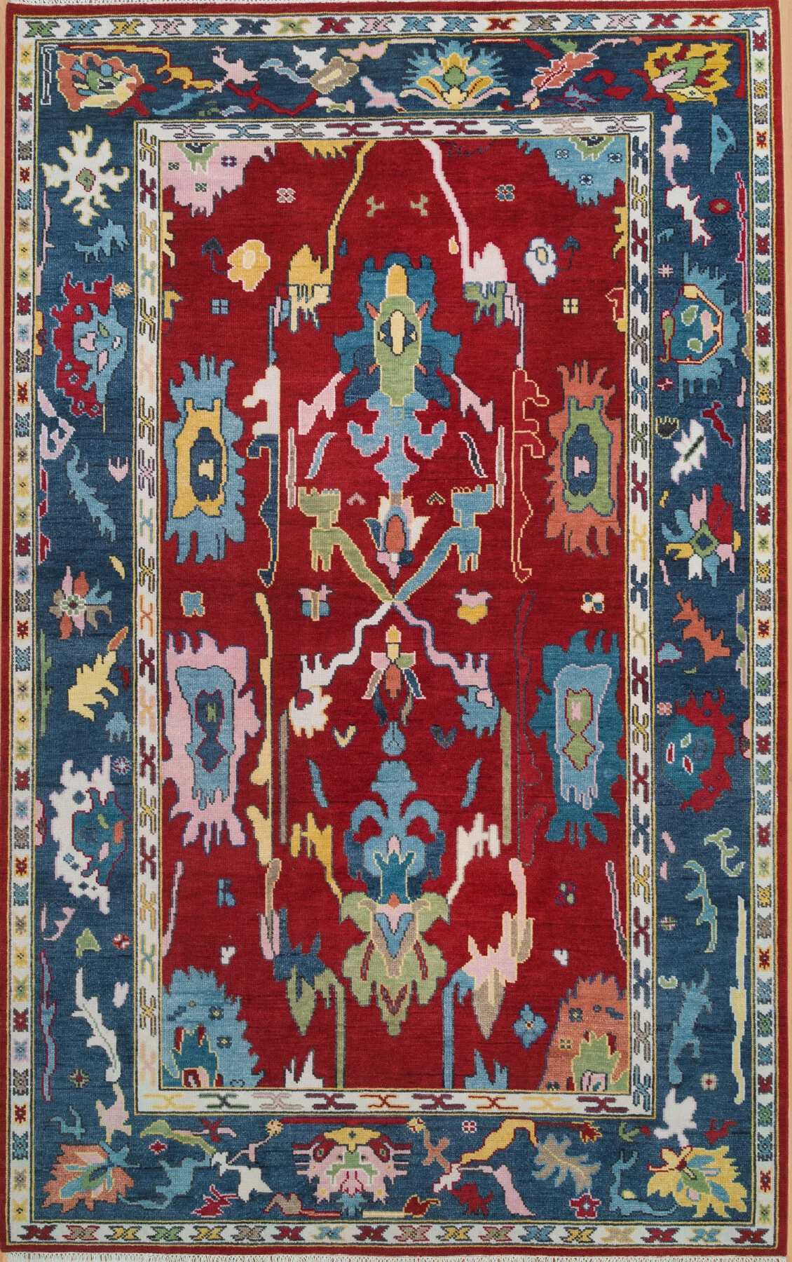 Red Hand-Knotted Floral Rug – Palmette & Branching Stem