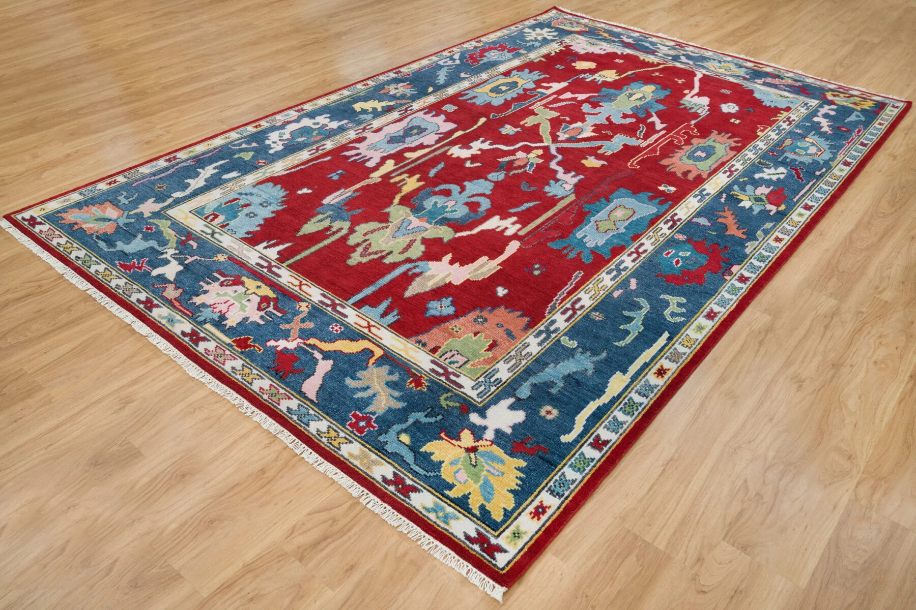 Red Hand-Knotted Floral Rug – Palmette & Branching Stem