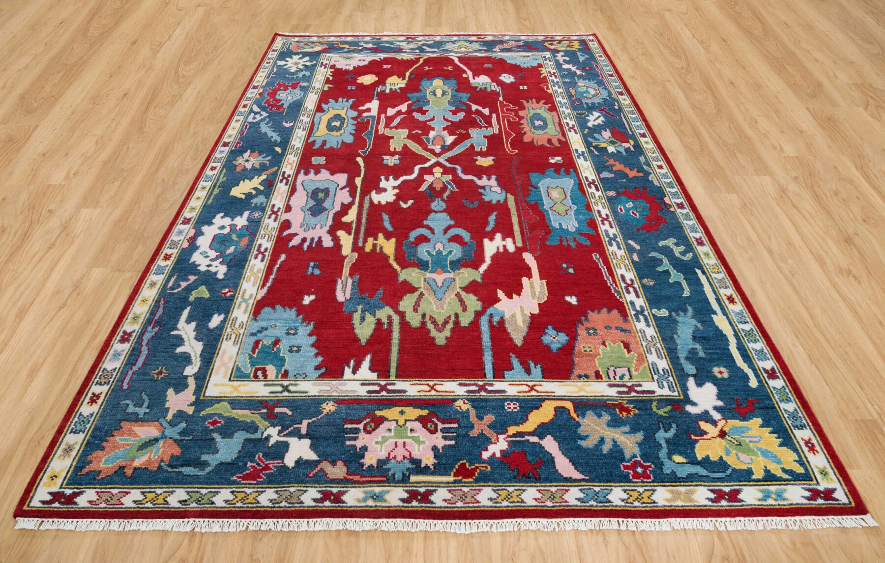 Red Hand-Knotted Floral Rug – Palmette & Branching Stem