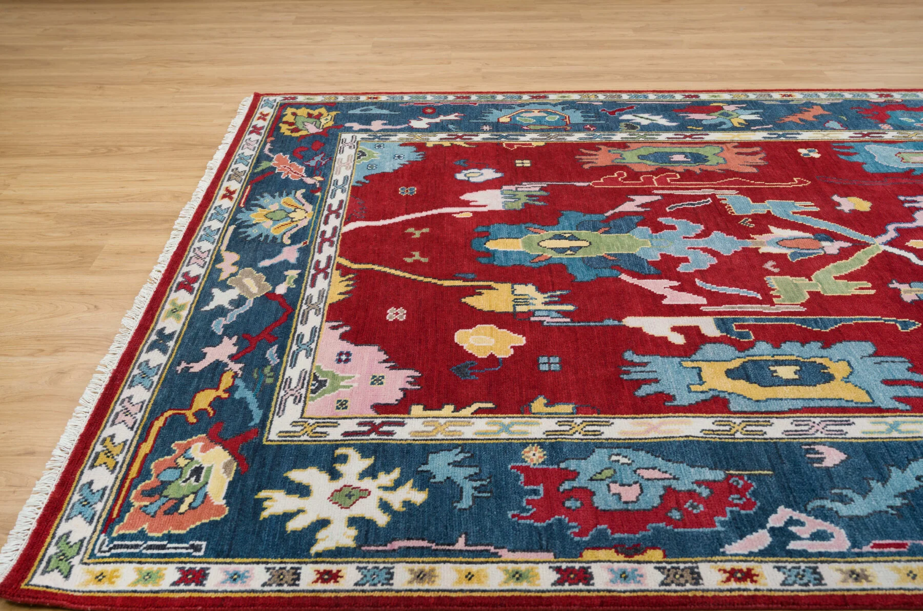 Red Hand-Knotted Floral Rug – Palmette & Branching Stem