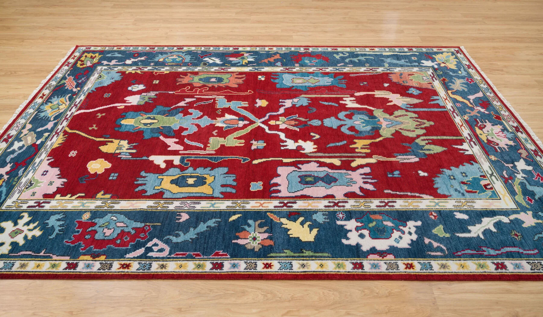 Red Hand-Knotted Floral Rug – Palmette & Branching Stem