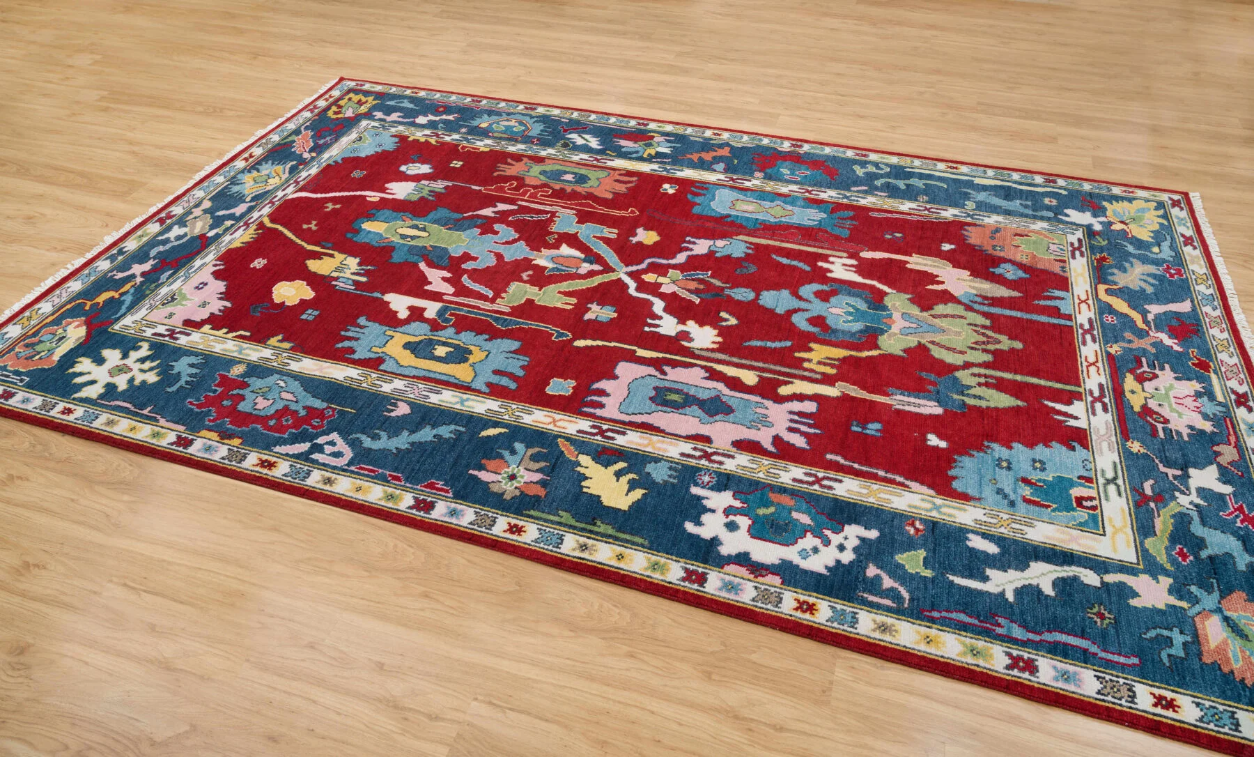 Red Hand-Knotted Floral Rug – Palmette & Branching Stem