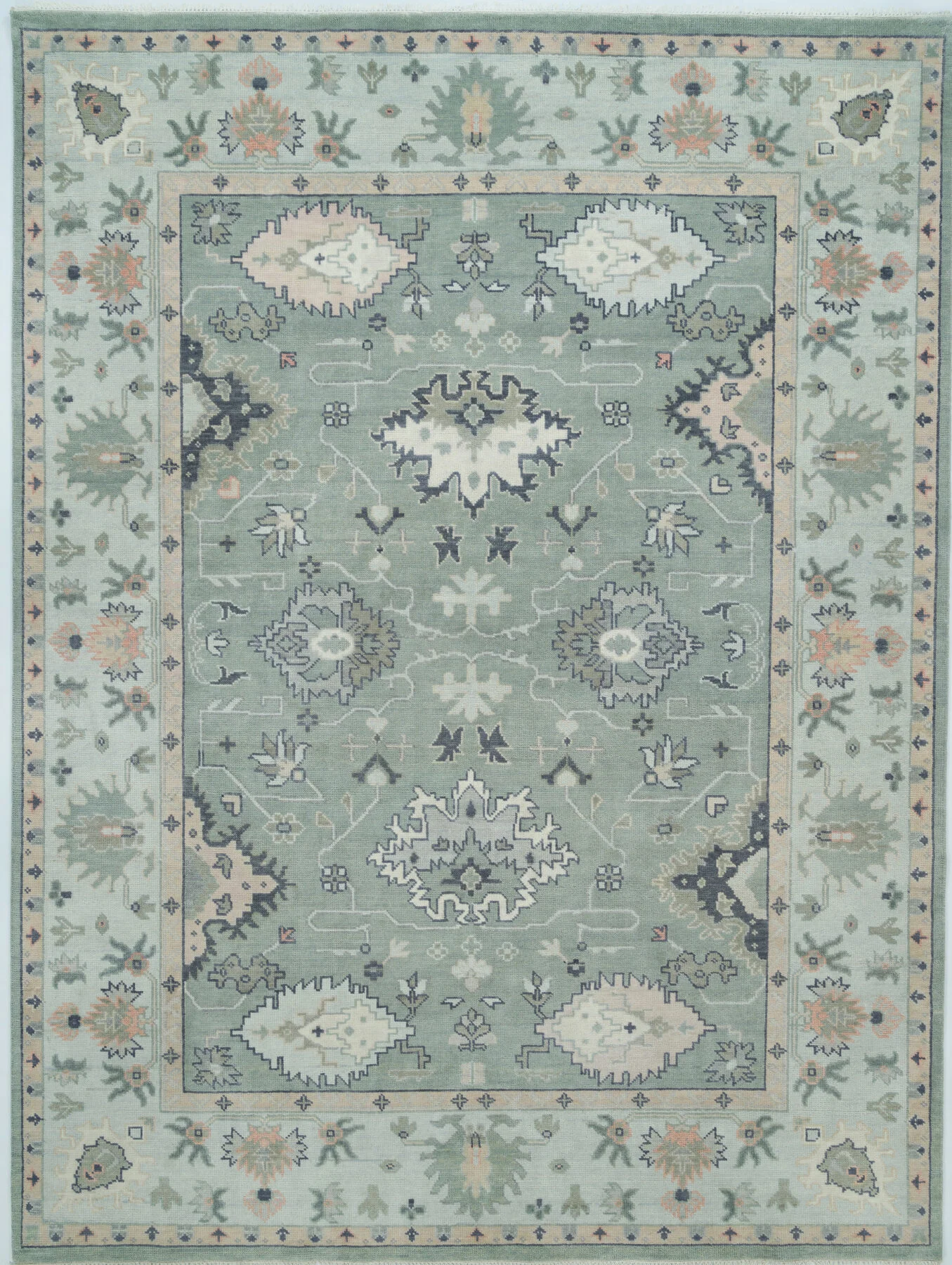 Sage & Ivory Hand-Knotted Floral Rug – Palmette & Rosette (3739)