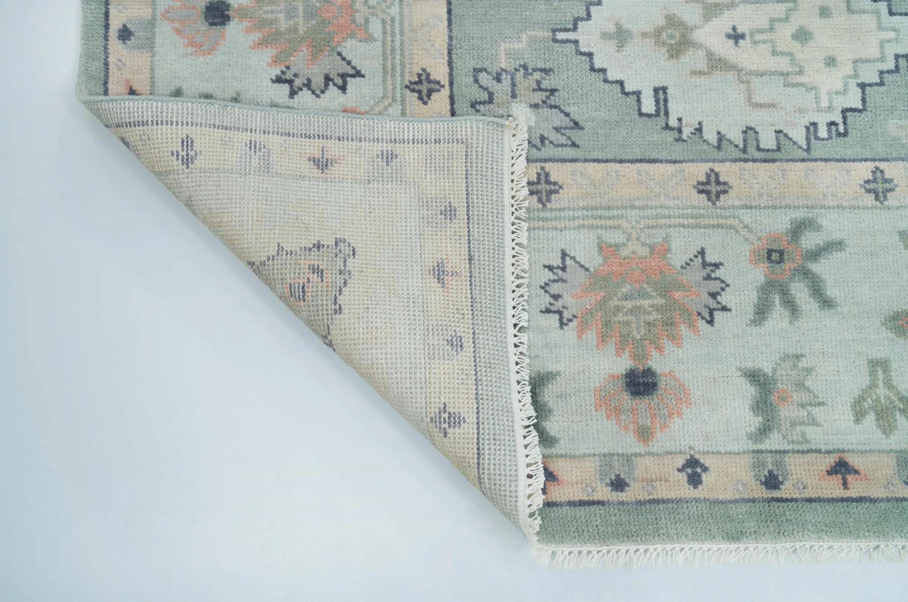 Sage & Ivory Hand-Knotted Floral Rug – Palmette & Rosette (3739)