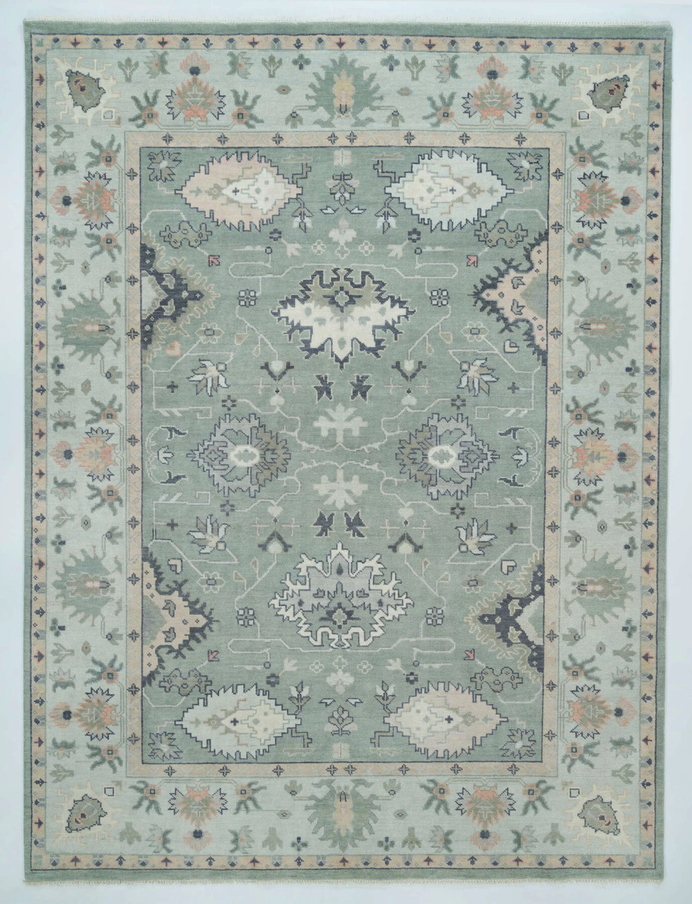 Sage & Ivory Hand-Knotted Floral Rug – Palmette & Rosette (3739)