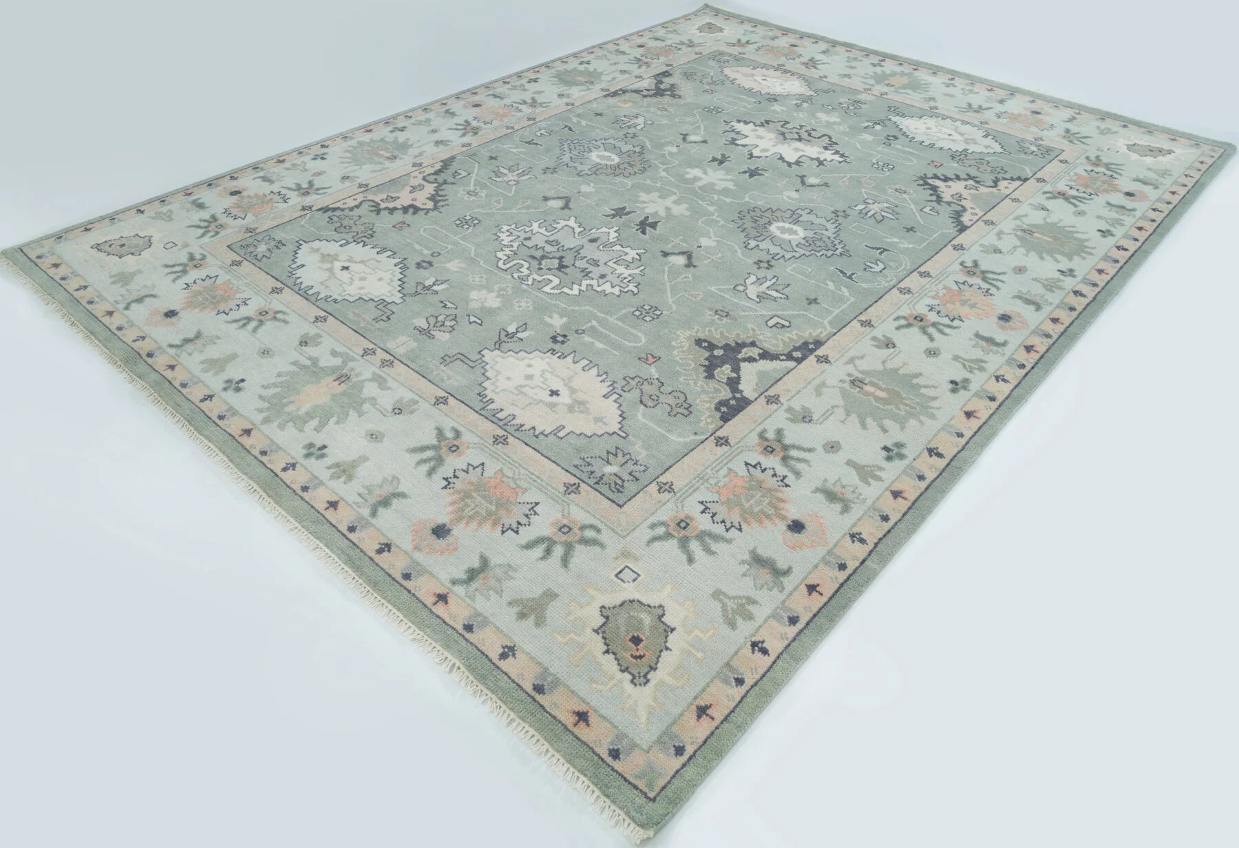 Sage & Ivory Hand-Knotted Floral Rug – Palmette & Rosette (3739)