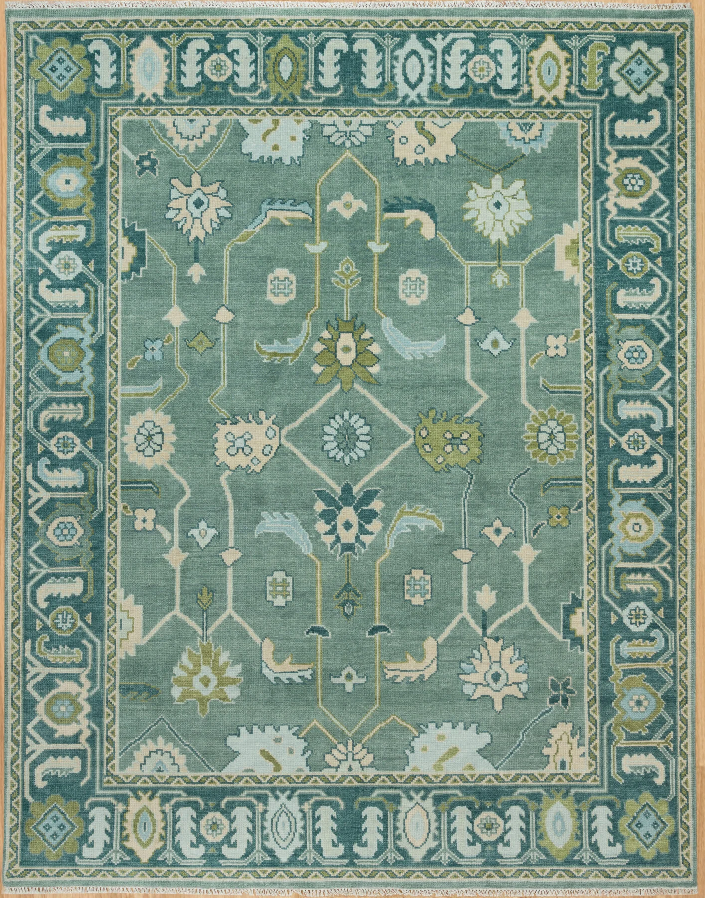 Sage & Teal Hand-Knotted Floral Rug – Palmette & Rosette