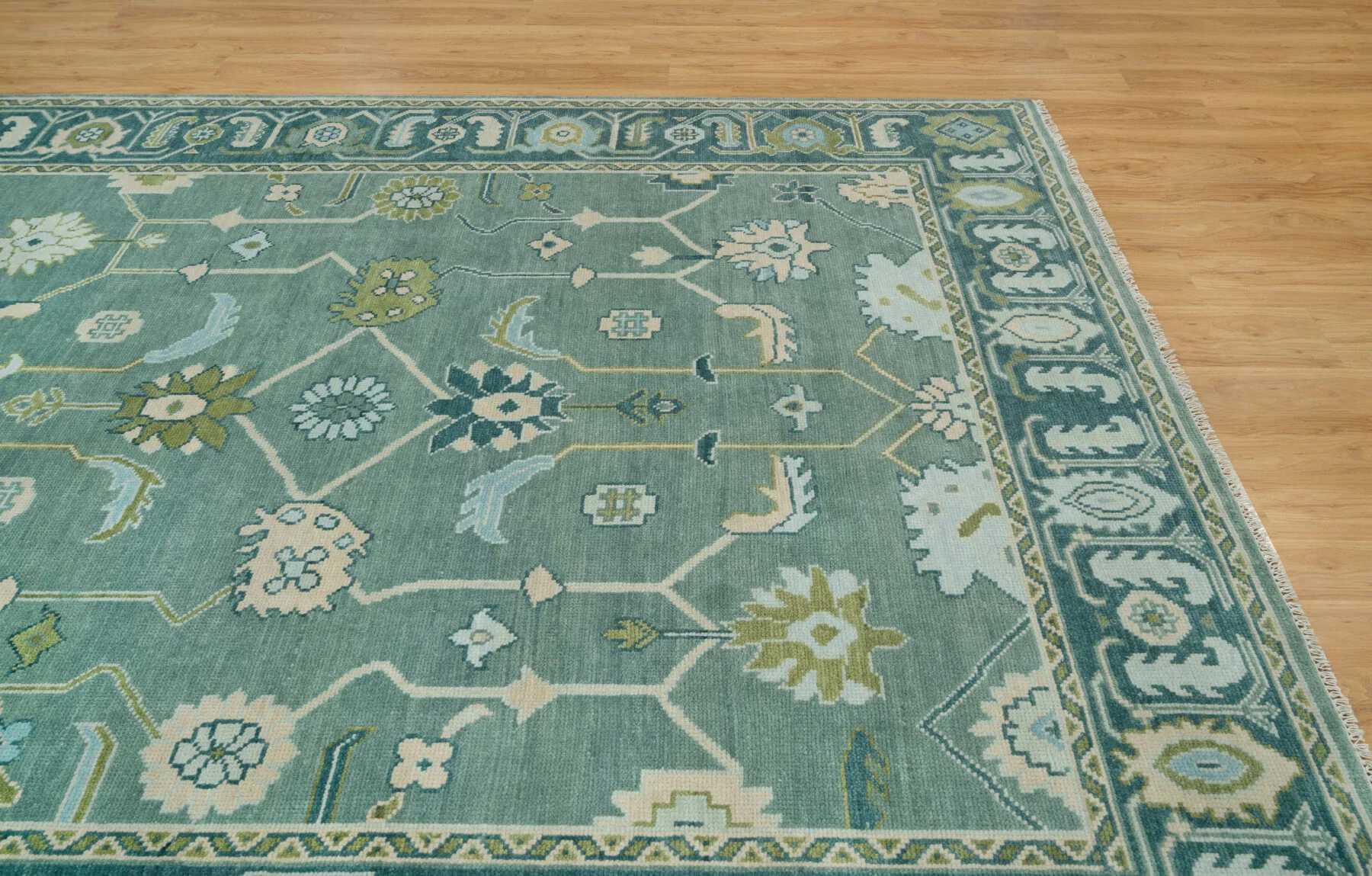 Sage & Teal Hand-Knotted Floral Rug – Palmette & Rosette
