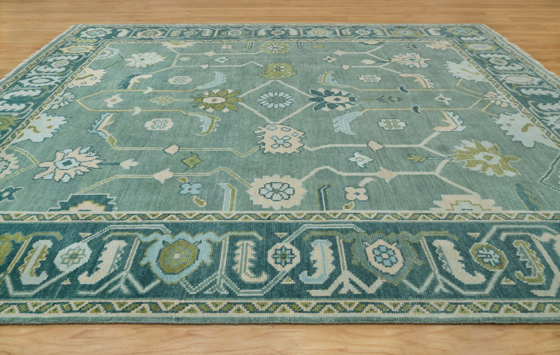 Sage & Teal Hand-Knotted Floral Rug – Palmette & Rosette