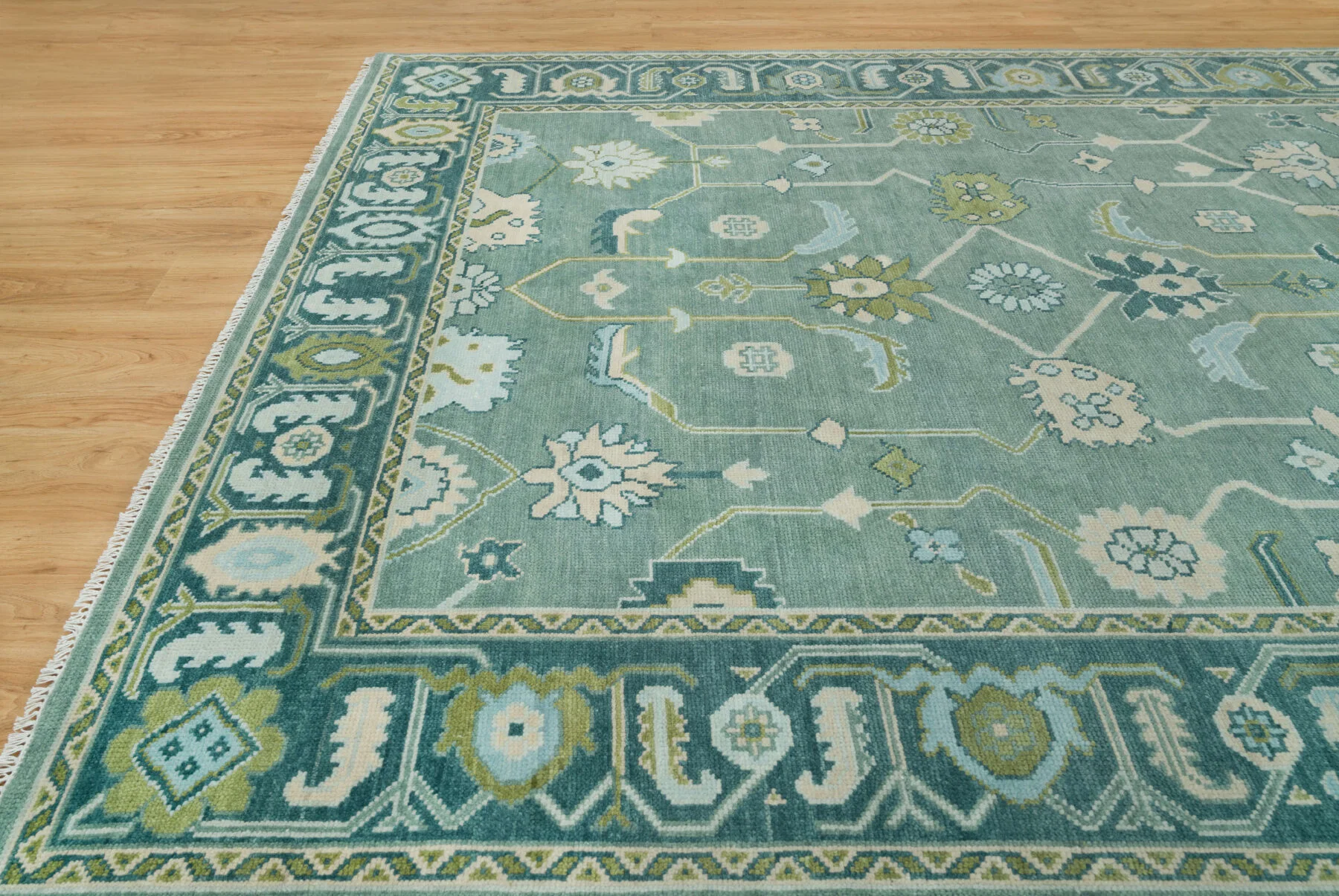 Sage & Teal Hand-Knotted Floral Rug – Palmette & Rosette