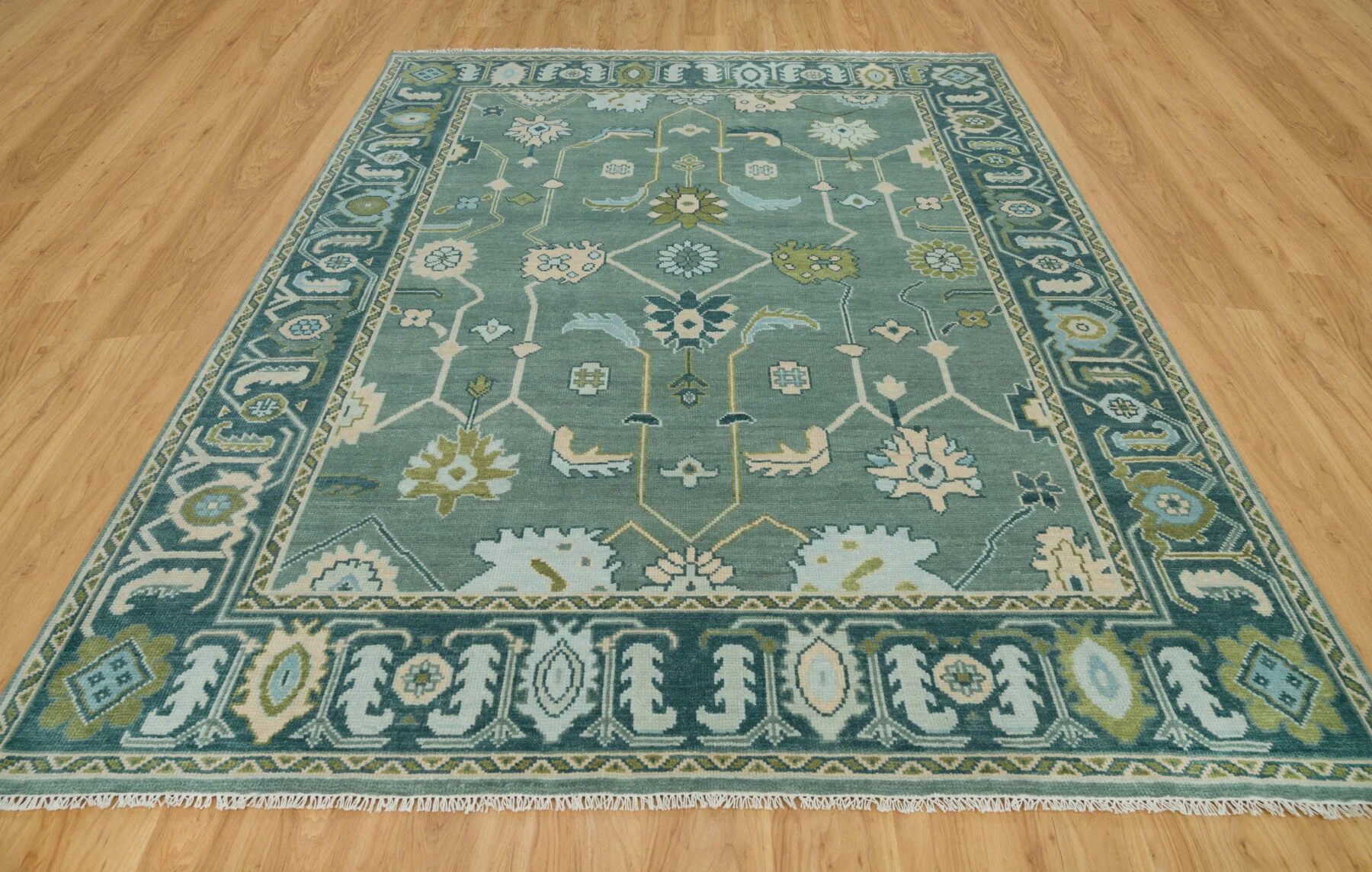 Sage & Teal Hand-Knotted Floral Rug – Palmette & Rosette