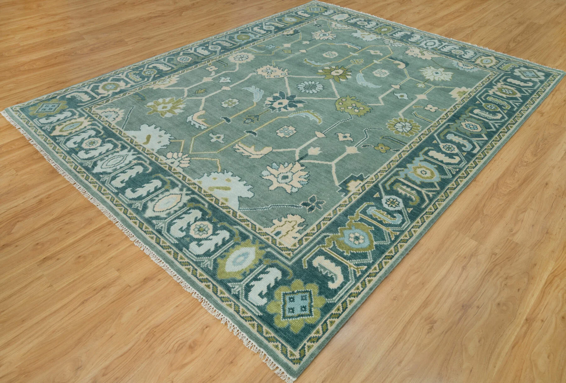 Sage & Teal Hand-Knotted Floral Rug – Palmette & Rosette