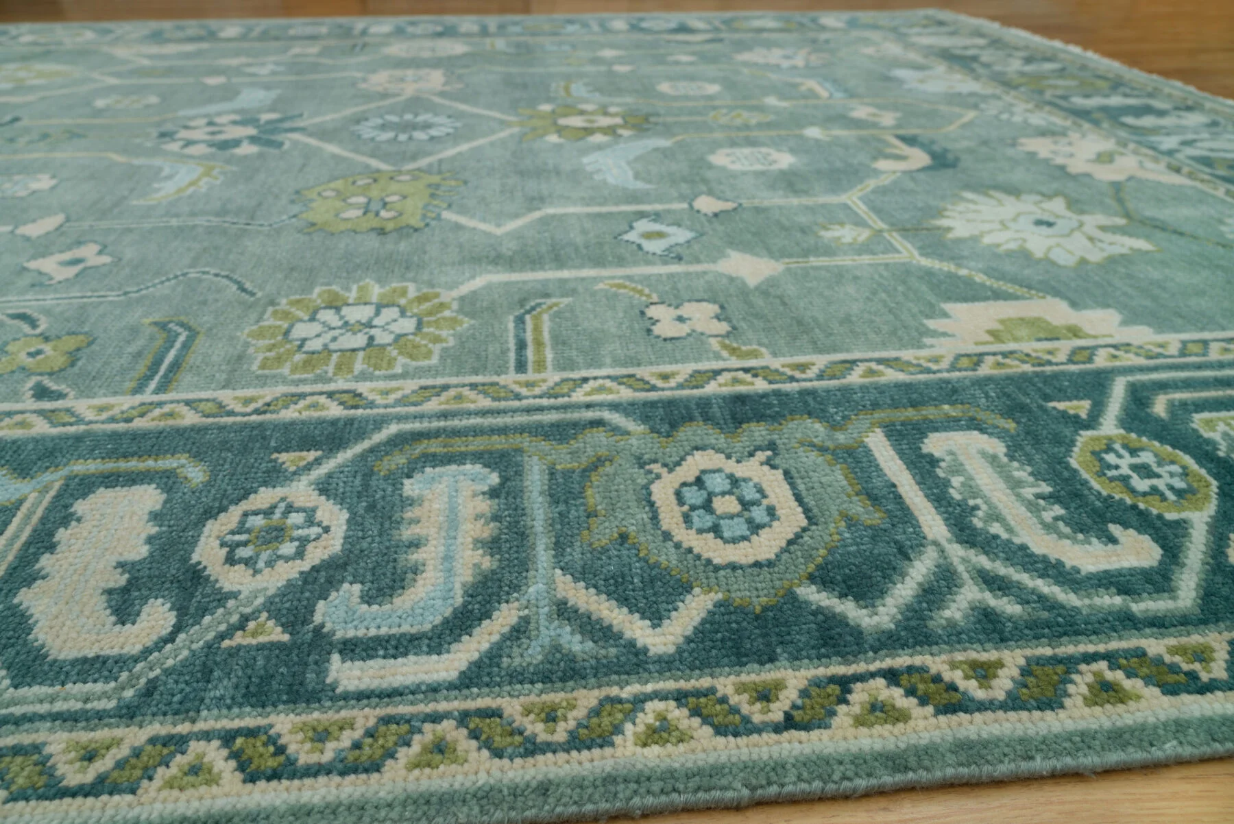 Sage & Teal Hand-Knotted Floral Rug – Palmette & Rosette