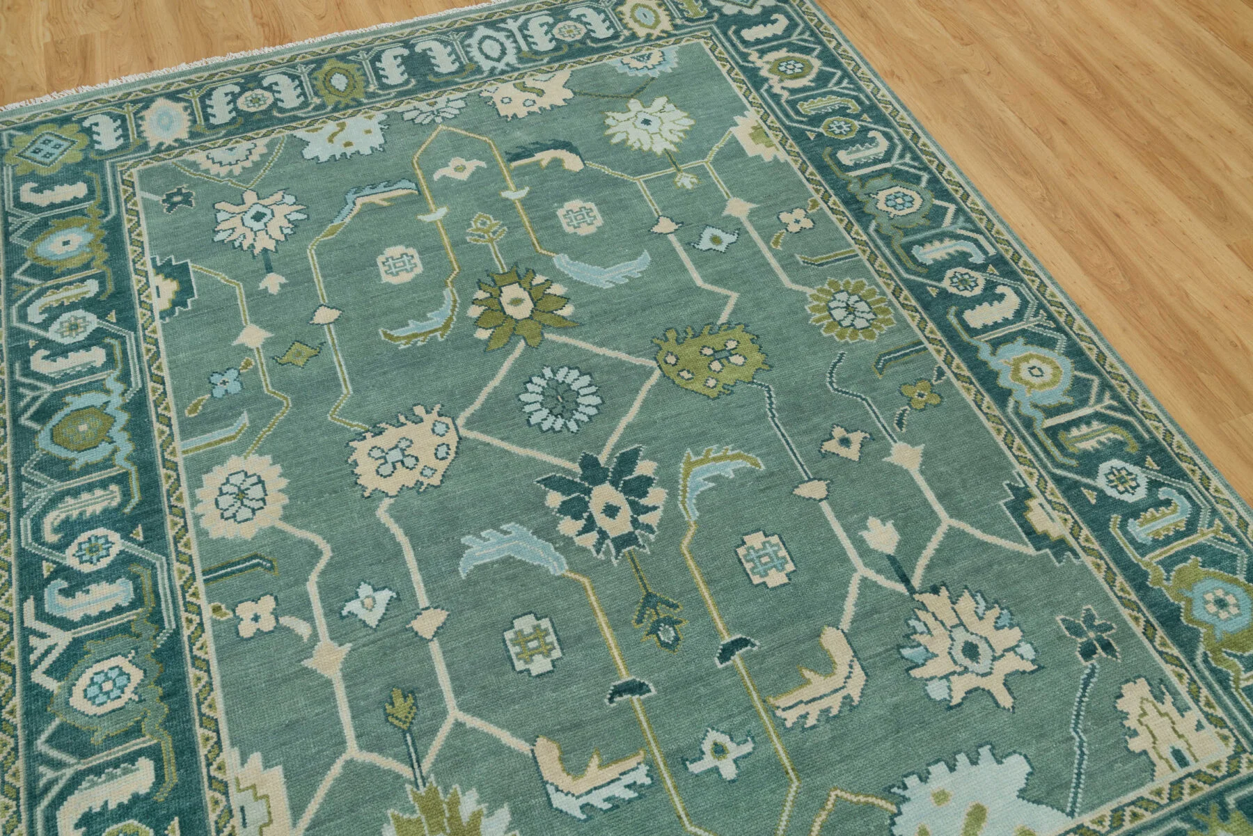 Sage & Teal Hand-Knotted Floral Rug – Palmette & Rosette