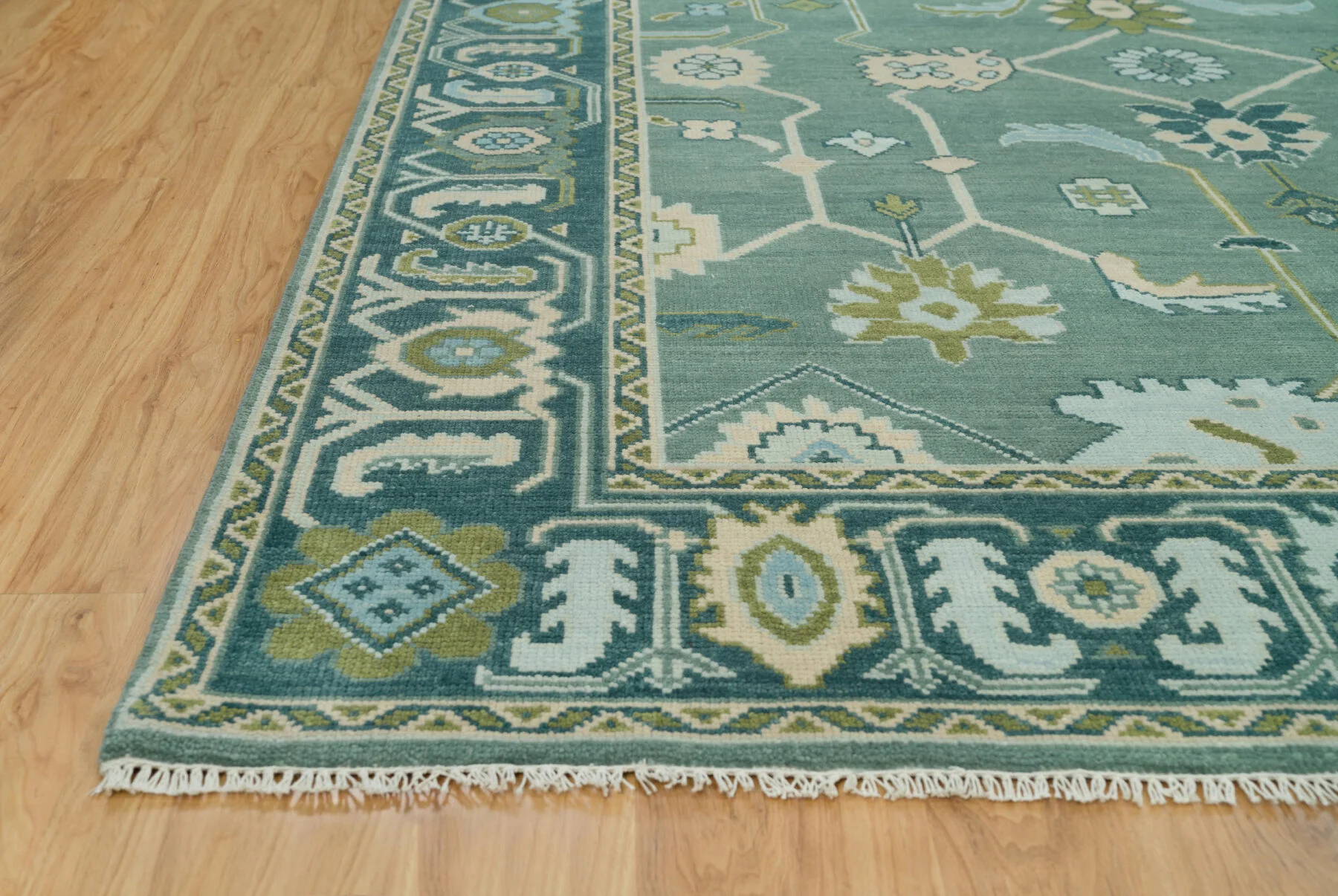 Sage & Teal Hand-Knotted Floral Rug – Palmette & Rosette