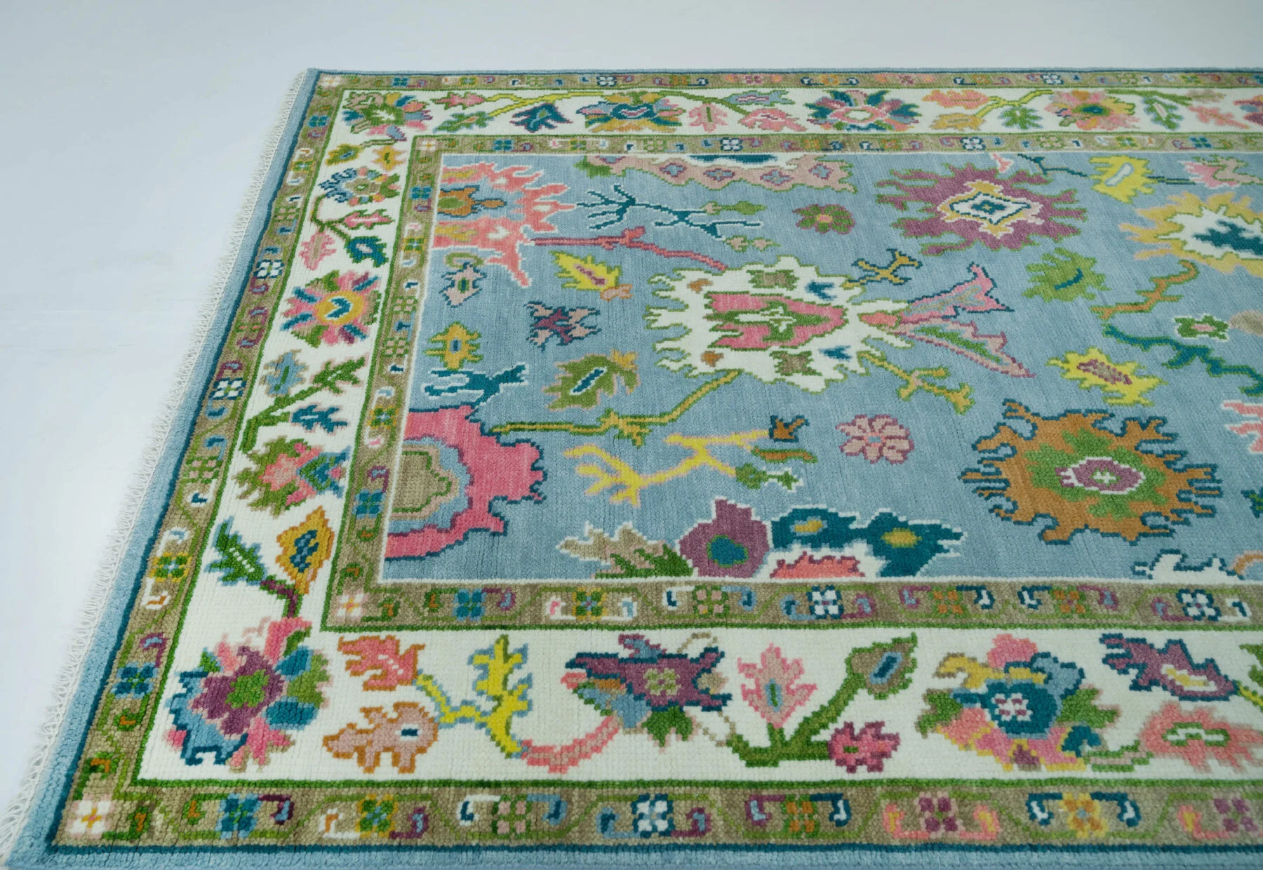 Blue & Coral Hand-Knotted Floral Rug – Palmette & Abstract Floral (3742)
