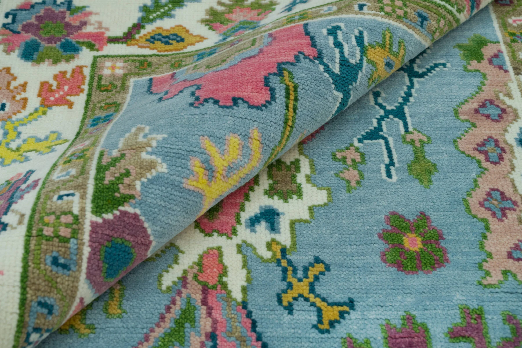 Blue & Coral Hand-Knotted Floral Rug – Palmette & Abstract Floral (3742)