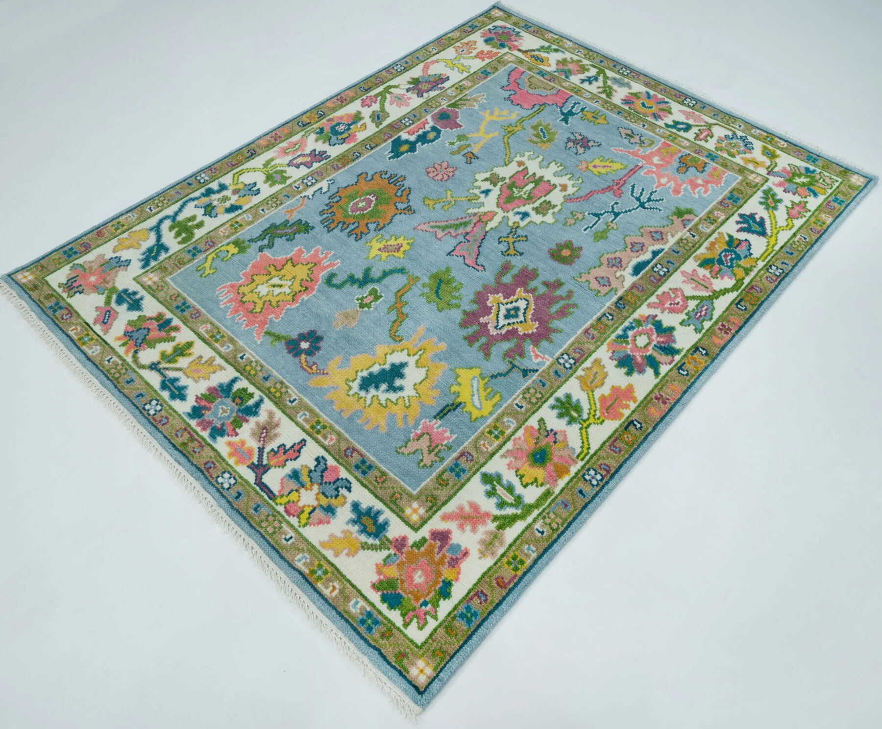 Blue & Coral Hand-Knotted Floral Rug – Palmette & Abstract Floral (3742)