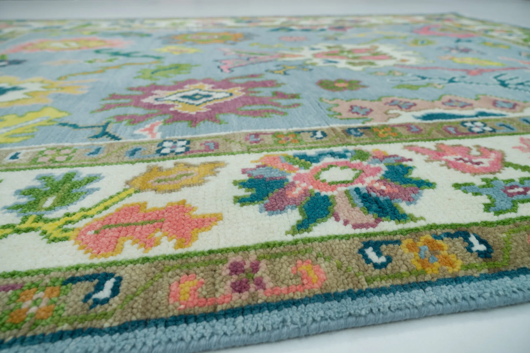 Blue & Coral Hand-Knotted Floral Rug – Palmette & Abstract Floral (3742)