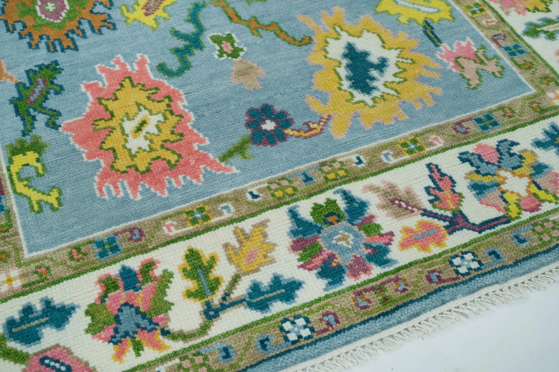 Blue & Coral Hand-Knotted Floral Rug – Palmette & Abstract Floral (3742)