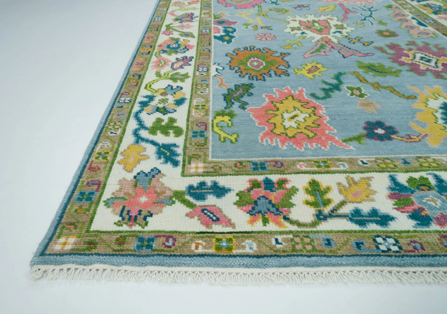 Blue & Coral Hand-Knotted Floral Rug – Palmette & Abstract Floral (3742)
