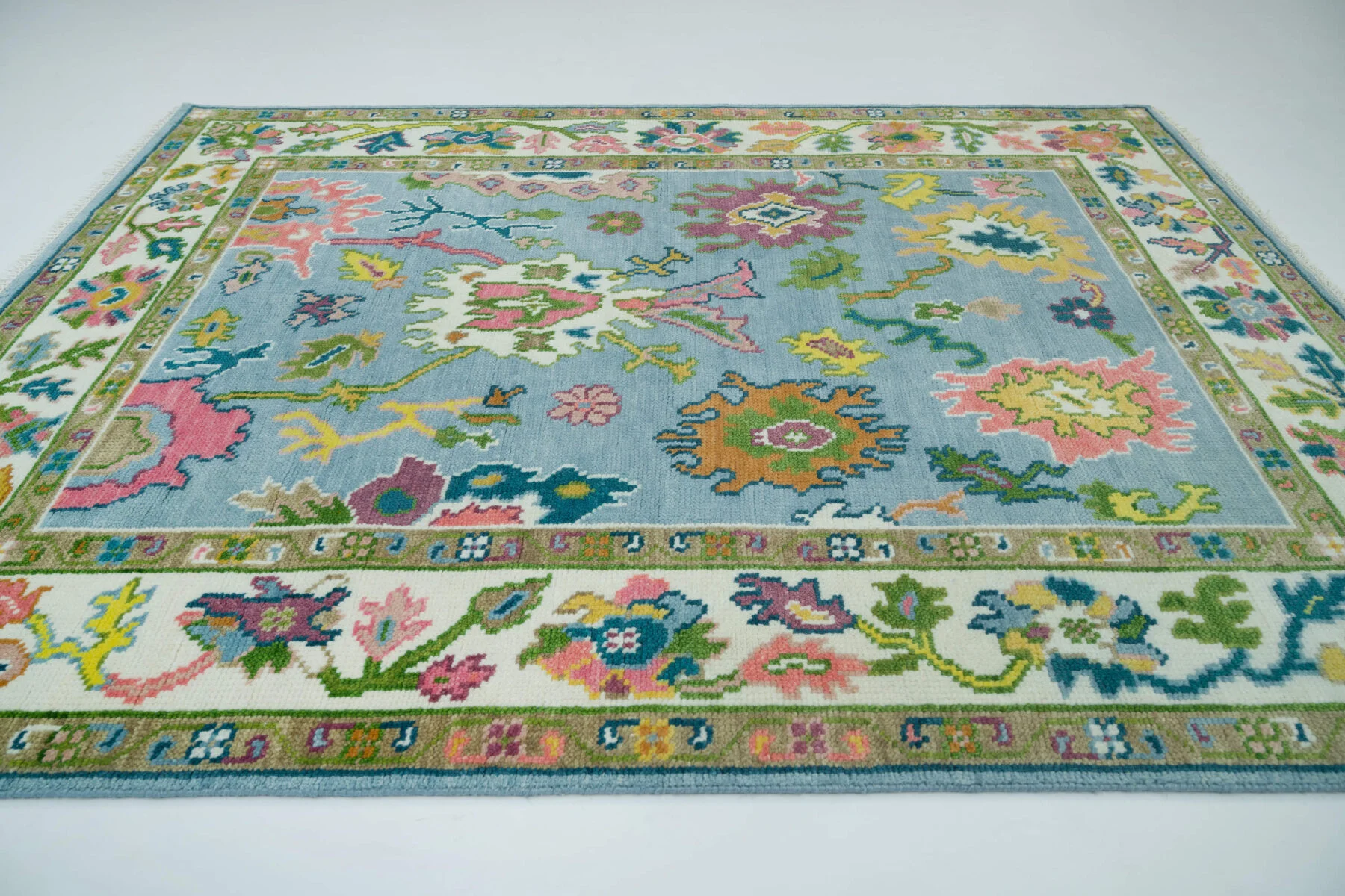 Blue & Coral Hand-Knotted Floral Rug – Palmette & Abstract Floral (3742)