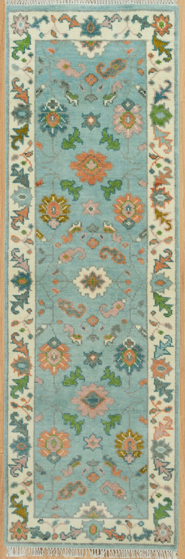Aqua & Coral Hand-Knotted Floral Rug – Palmette & Rosette (3744)