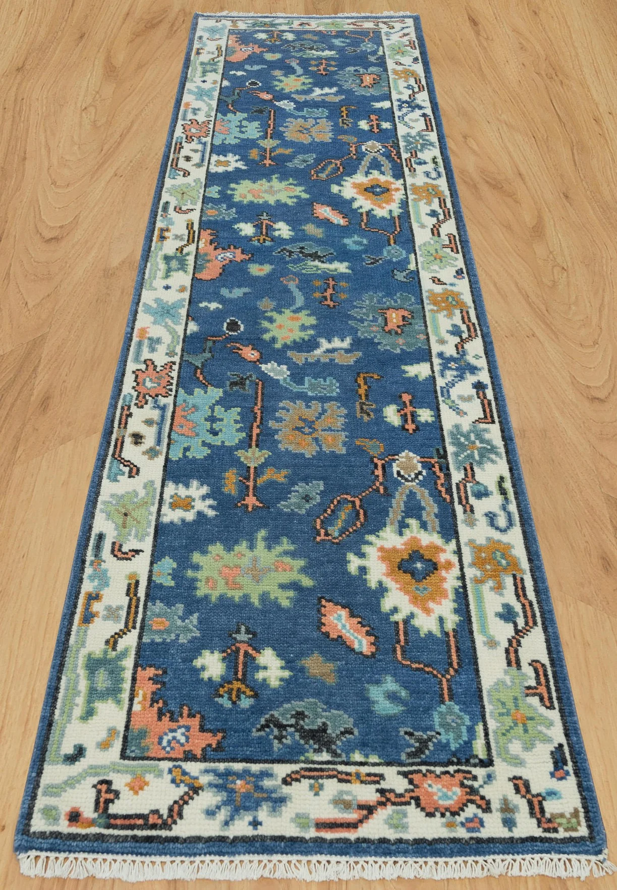 Blue & Aqua Hand-Knotted Floral Rug – Palmette & Rosette