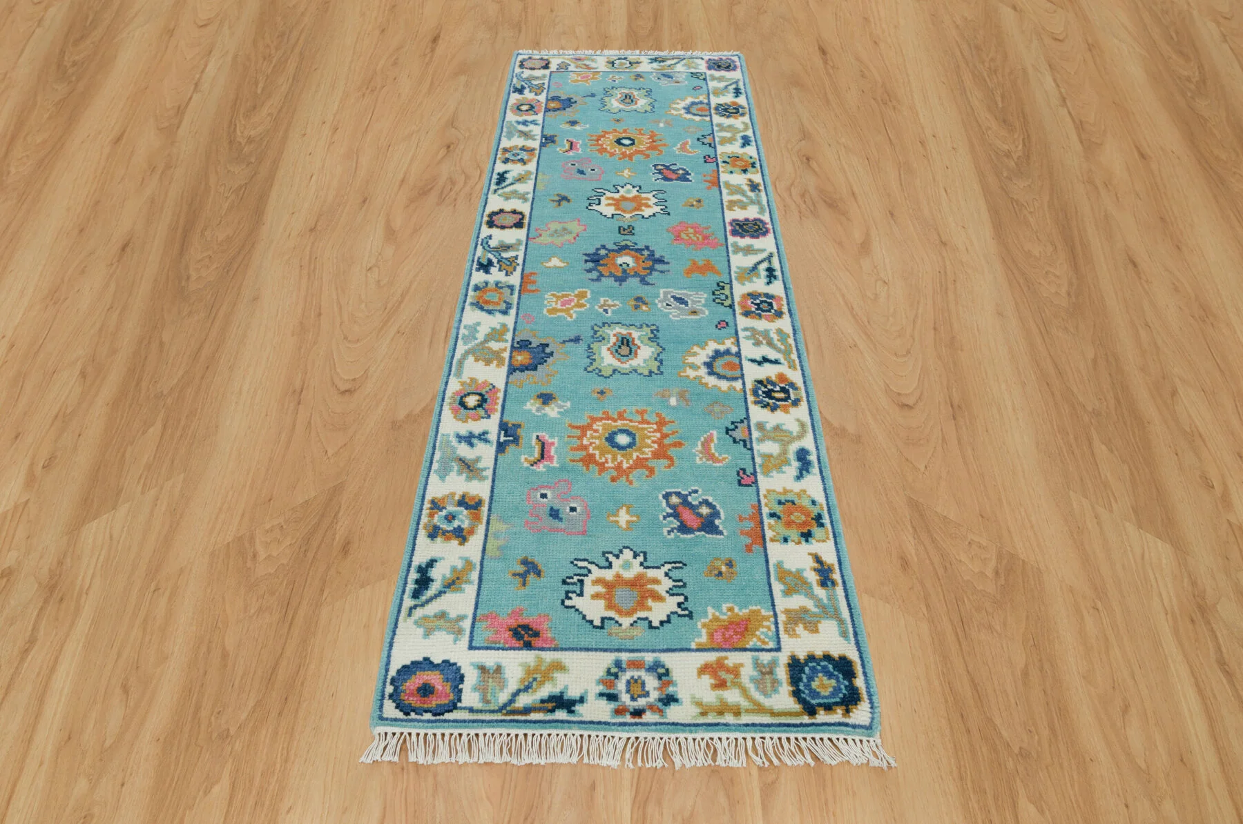 Aqua & Coral Hand-Knotted Floral Rug – Palmette & Rosette (3747)