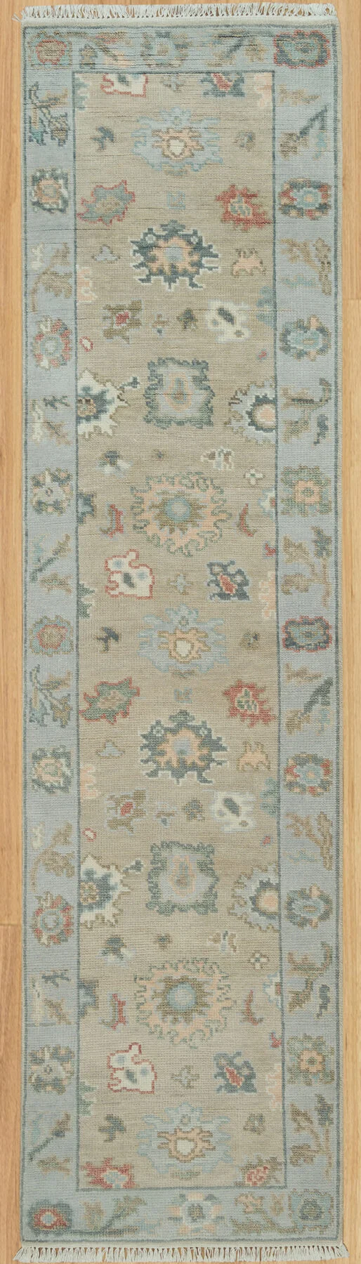 Beige & Blue Hand-Knotted Floral Rug – Palmette & Rosette