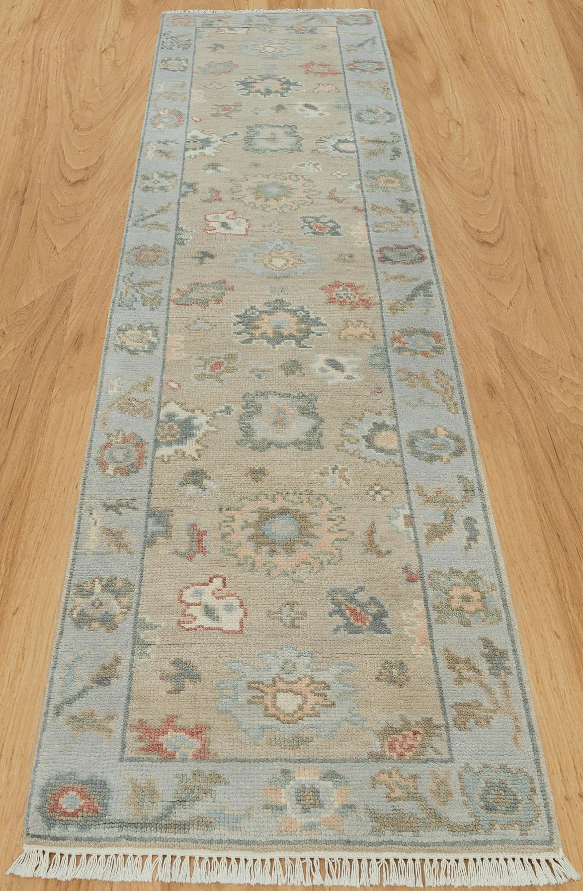 Beige & Blue Hand-Knotted Floral Rug – Palmette & Rosette
