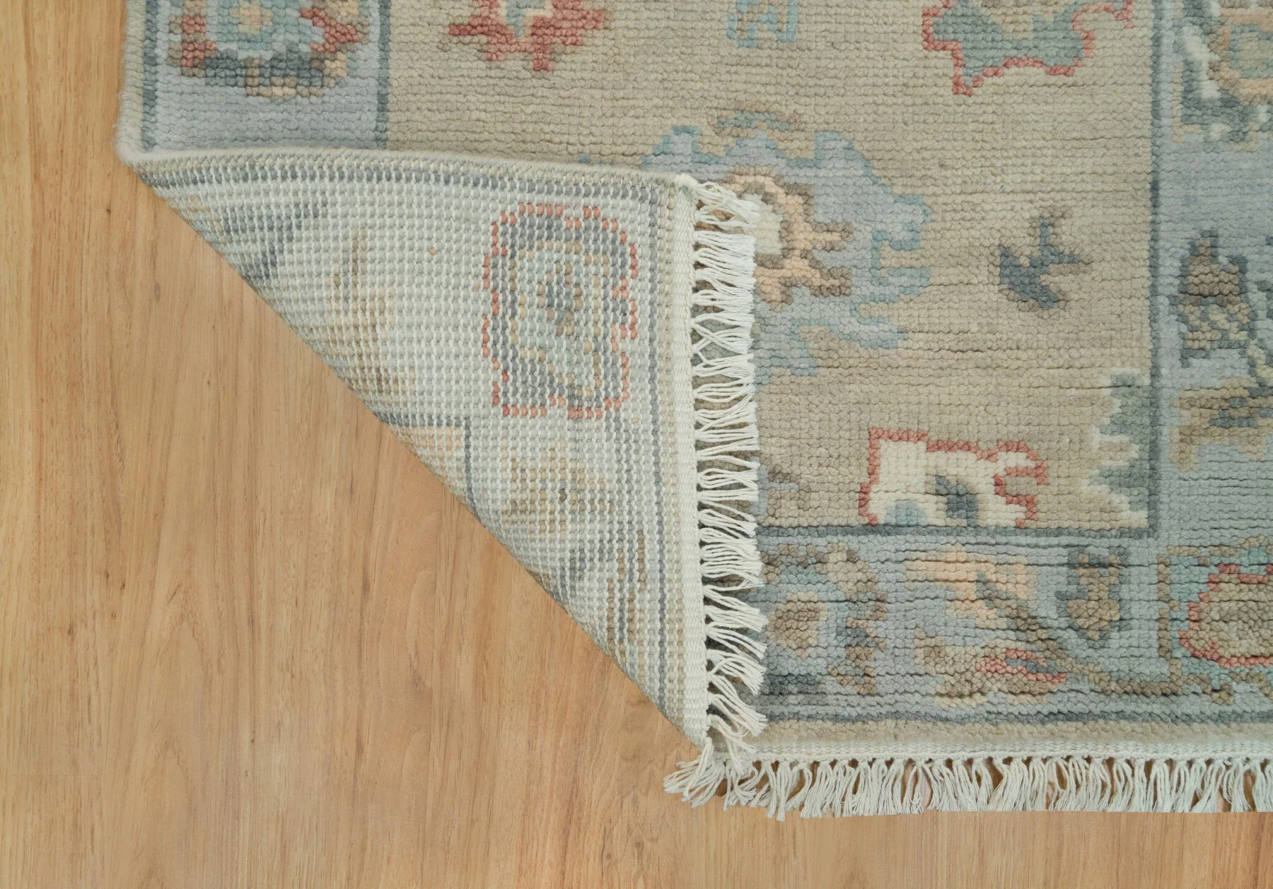 Beige & Blue Hand-Knotted Floral Rug – Palmette & Rosette