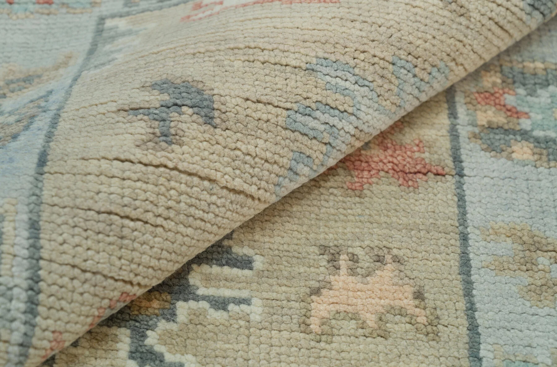 Beige & Blue Hand-Knotted Floral Rug – Palmette & Rosette