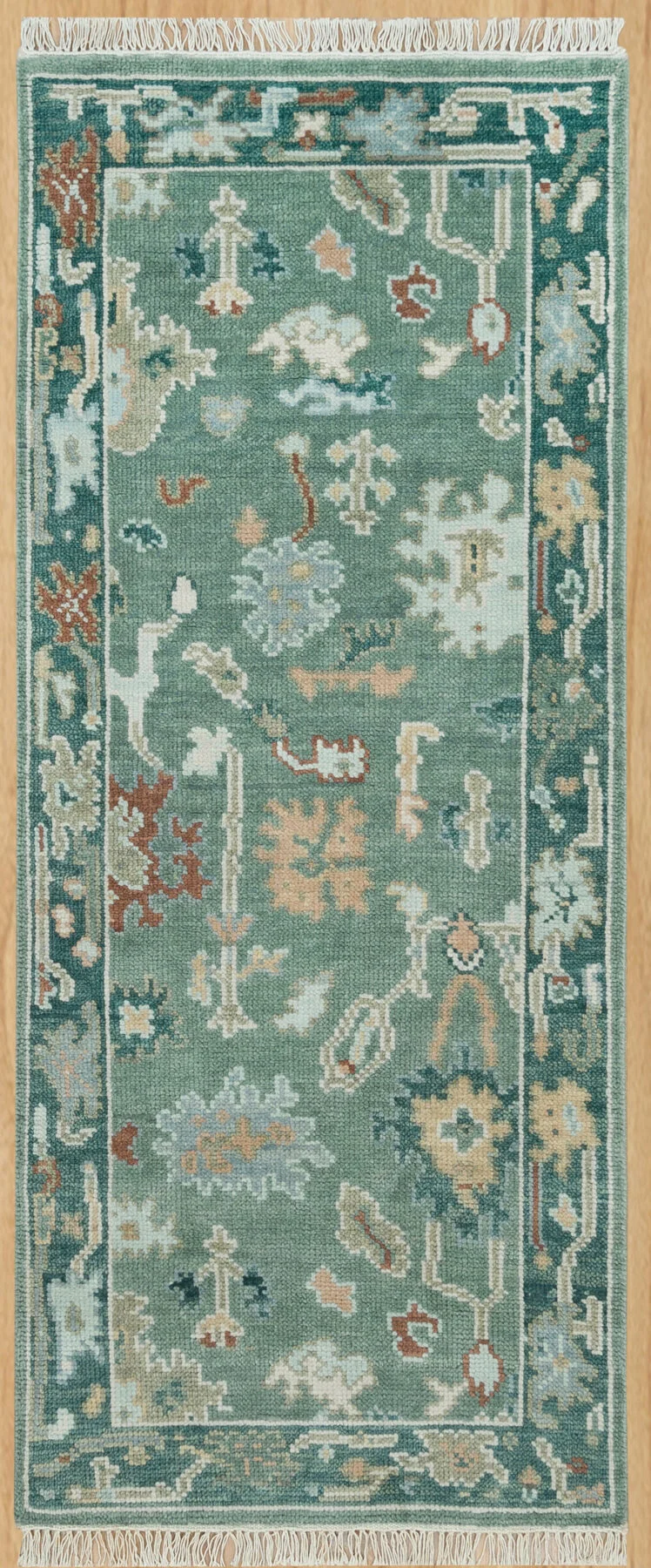 Teal & Rust Hand-Knotted Floral Rug – Palmette & Rosette