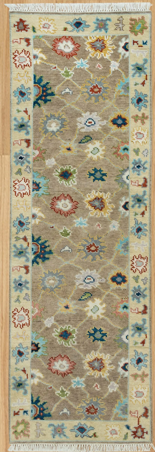 Taupe Hand-Knotted Floral Rug – Rosette & Palmette