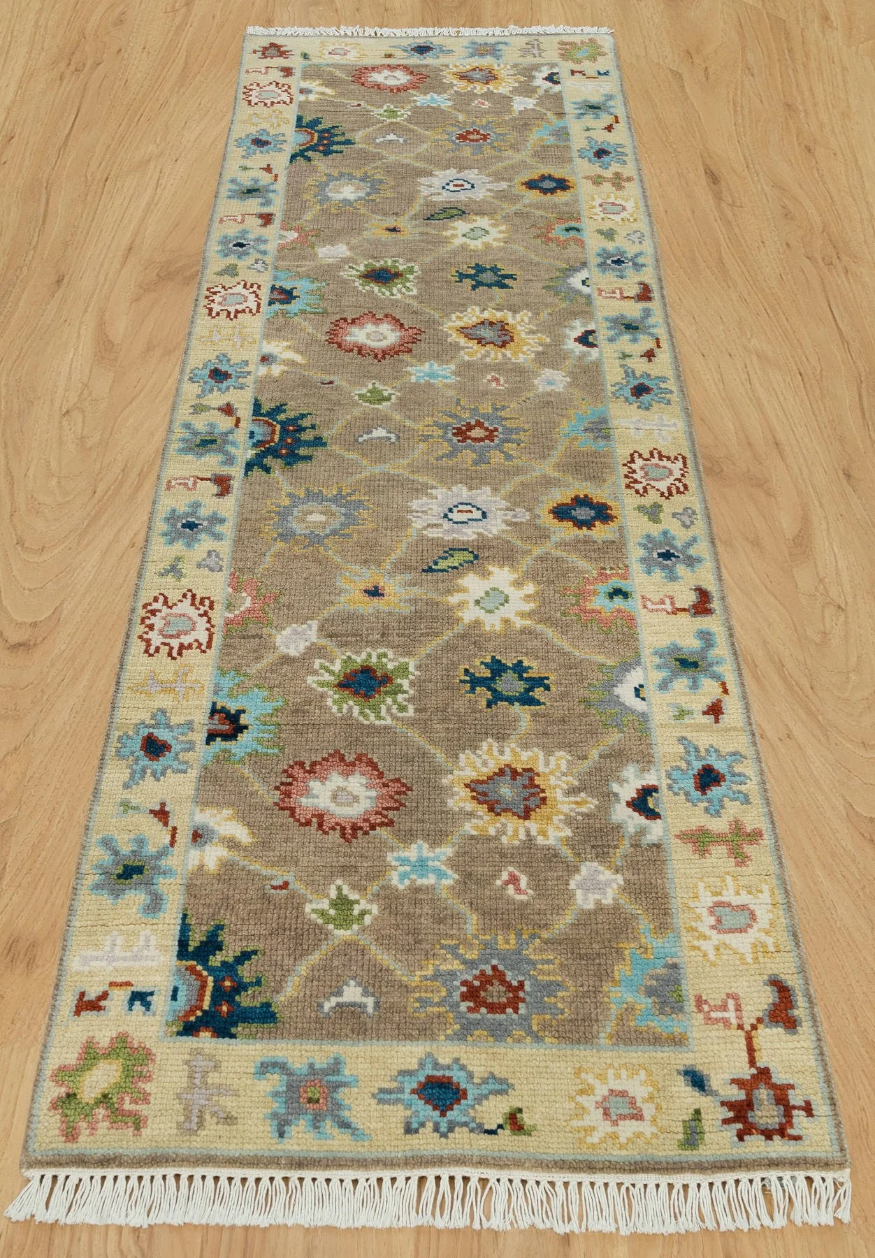 Taupe Hand-Knotted Floral Rug – Rosette & Palmette