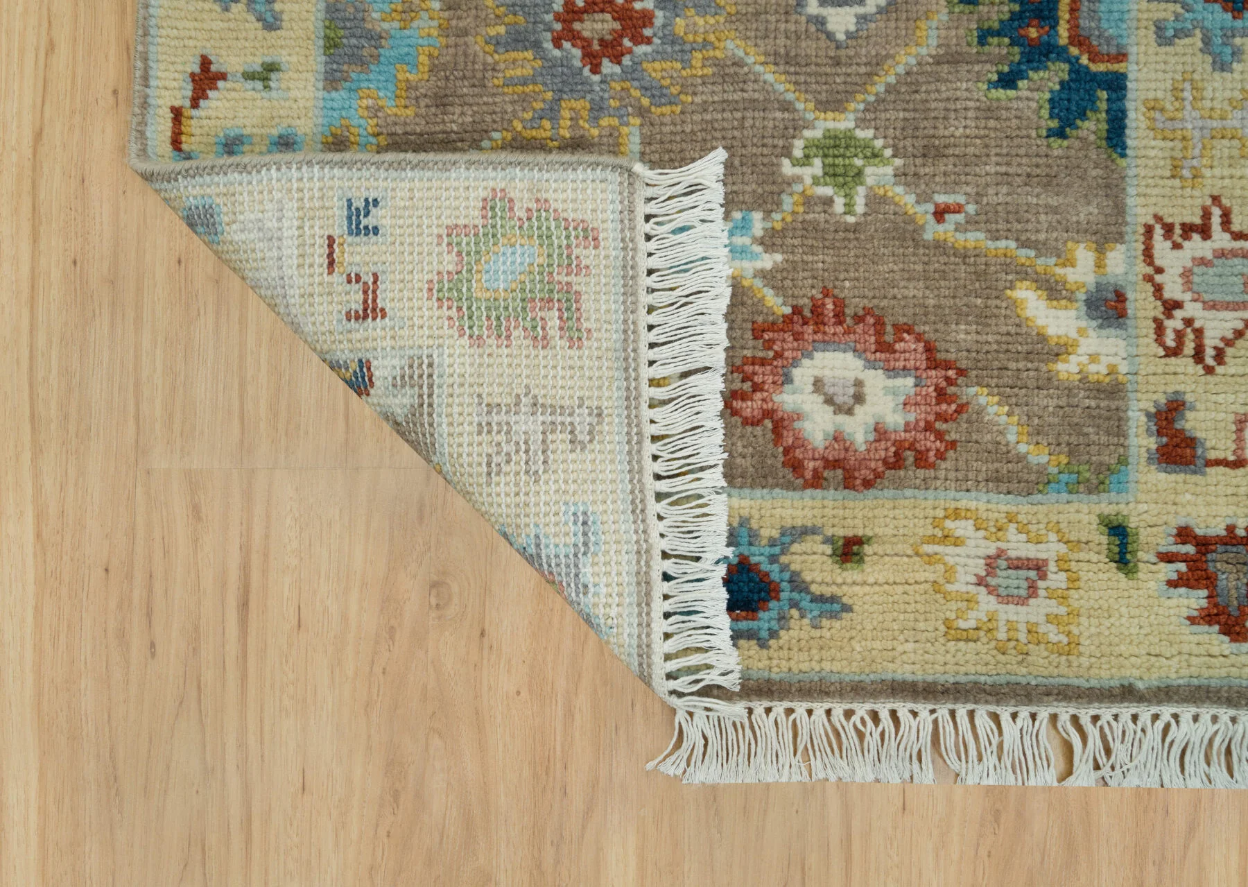 Taupe Hand-Knotted Floral Rug – Rosette & Palmette
